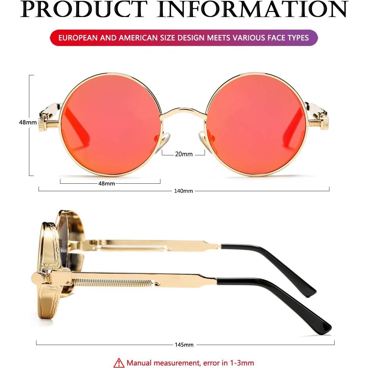 Gafas de sol redondas AIEYEZO steampunk doradas 48mm UV