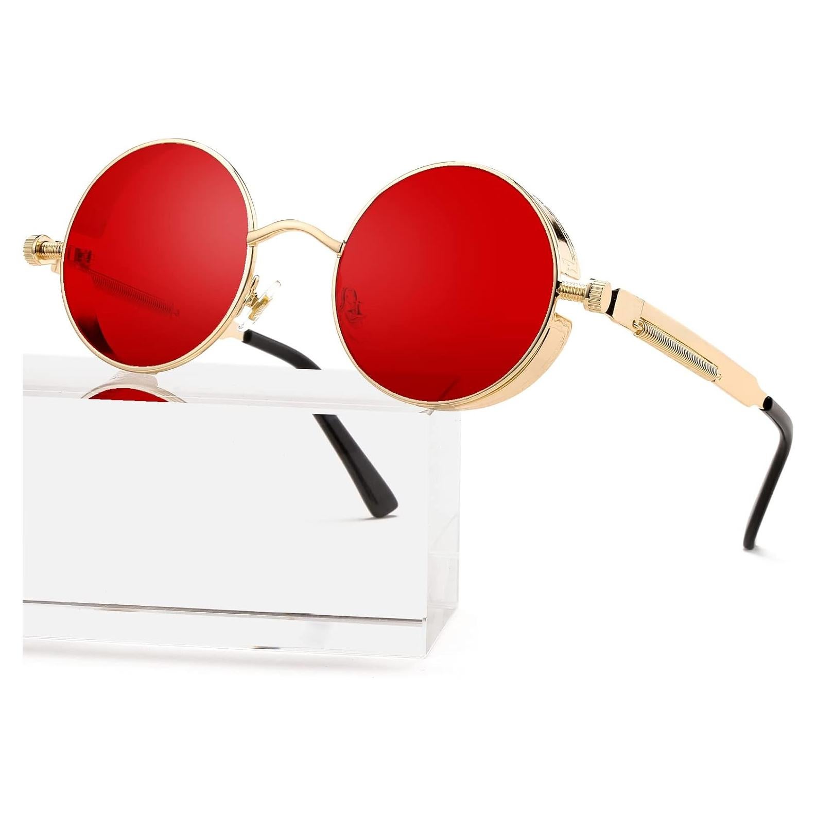 Gafas de sol redondas AIEYEZO Steampunk UV 100% oro/rojo océano