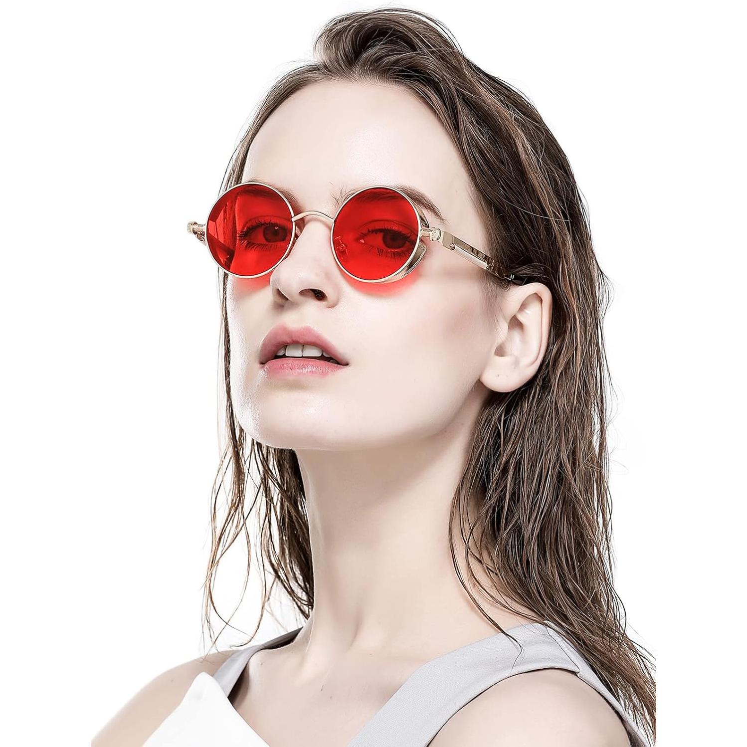 Gafas de sol redondas AIEYEZO Steampunk UV 100% oro/rojo océano