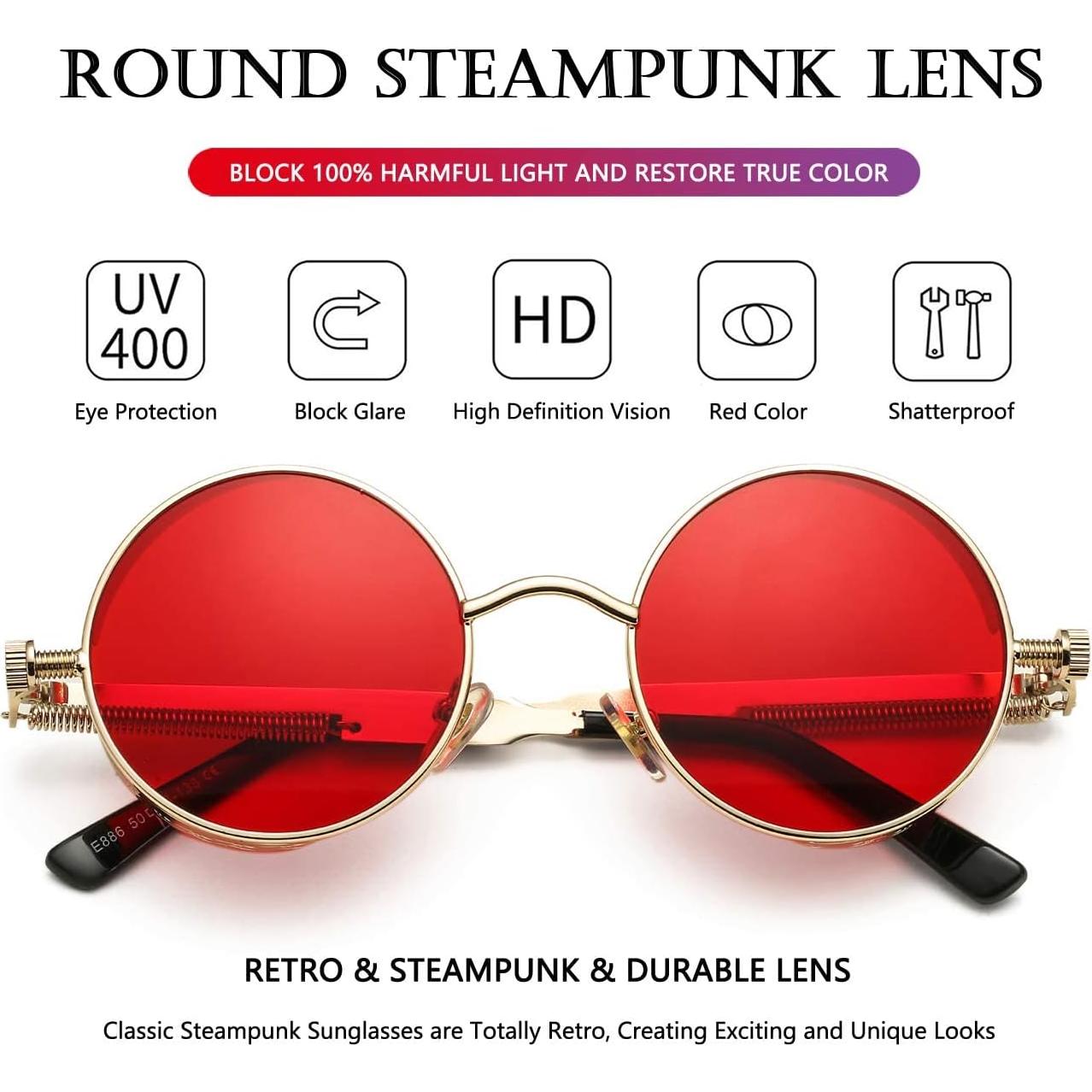 Gafas de sol redondas AIEYEZO Steampunk UV 100% oro/rojo océano