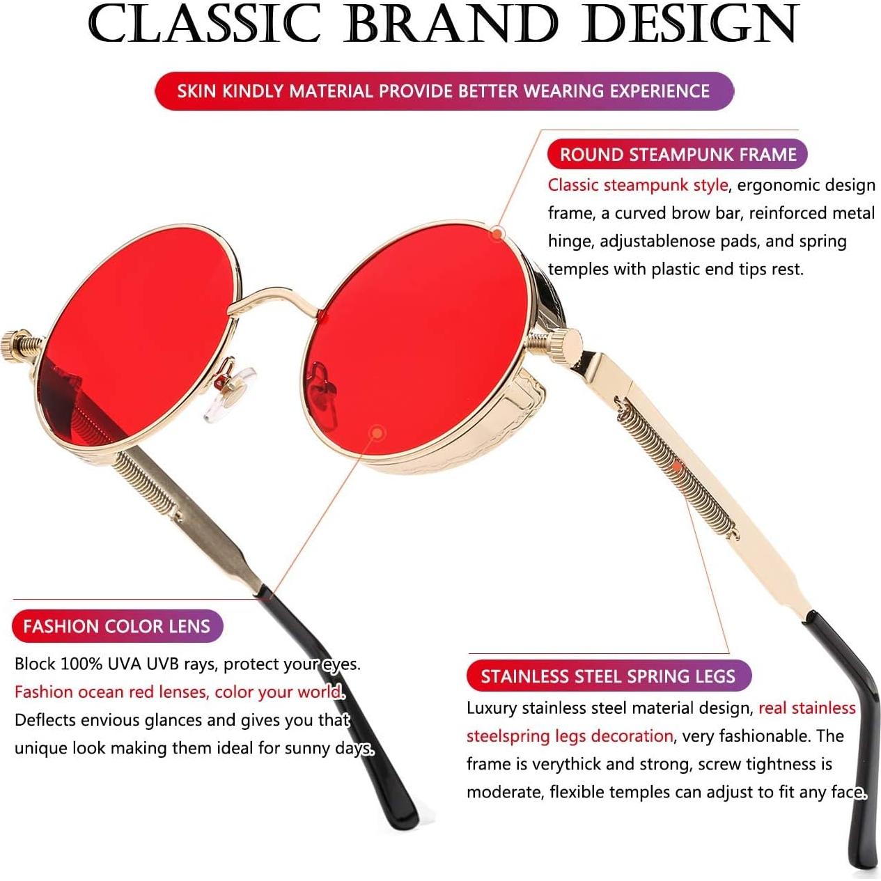 Gafas de sol redondas AIEYEZO Steampunk UV 100% oro/rojo océano