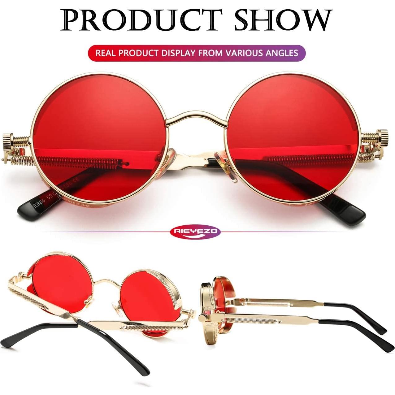 Gafas de sol redondas AIEYEZO Steampunk UV 100% oro/rojo océano