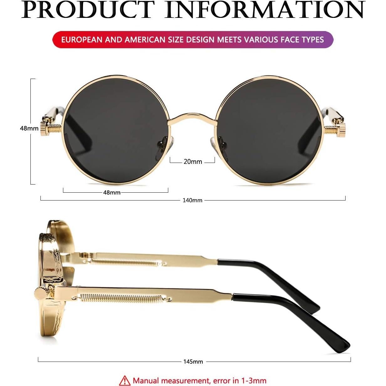 Gafas de sol redondas AIEYEZO Steampunk UV 100% oro/gris