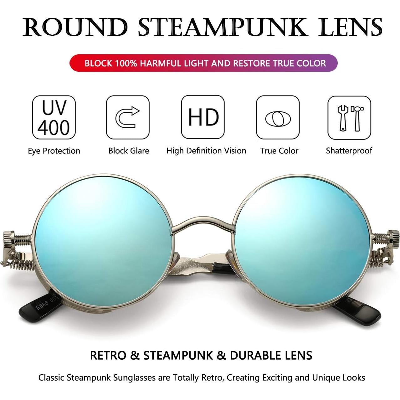 Gafas de sol redondas AIEYEZO Steampunk UV 100% plateadas
