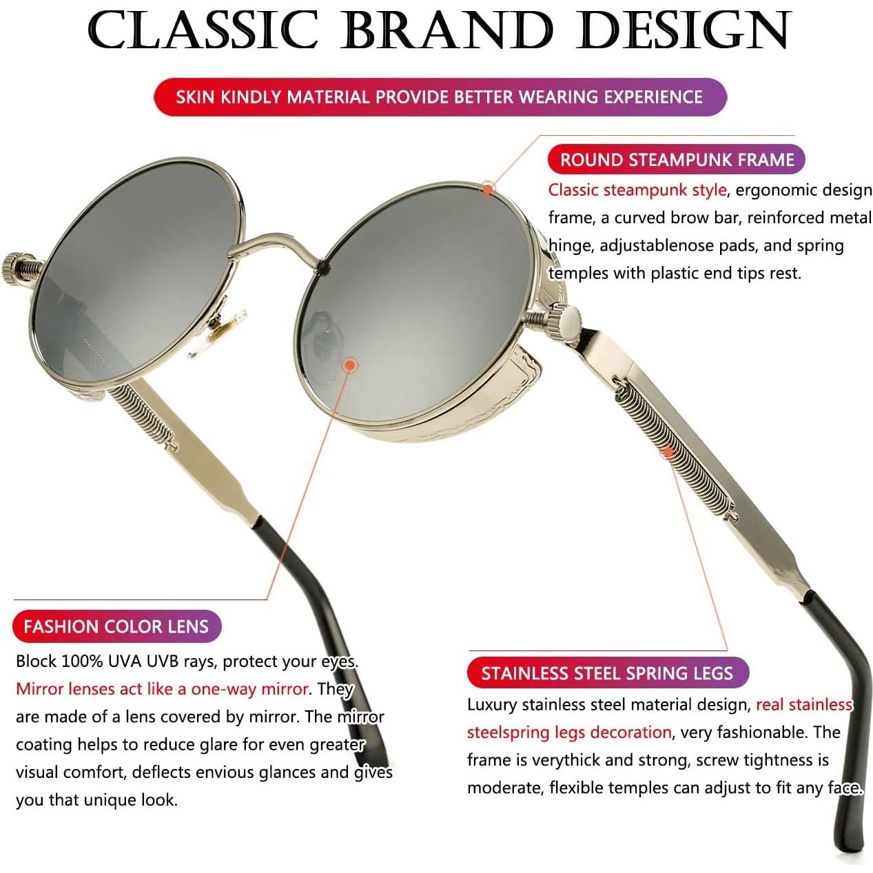 Gafas de sol redondas AIEYEZO Steampunk UV 100% Plata