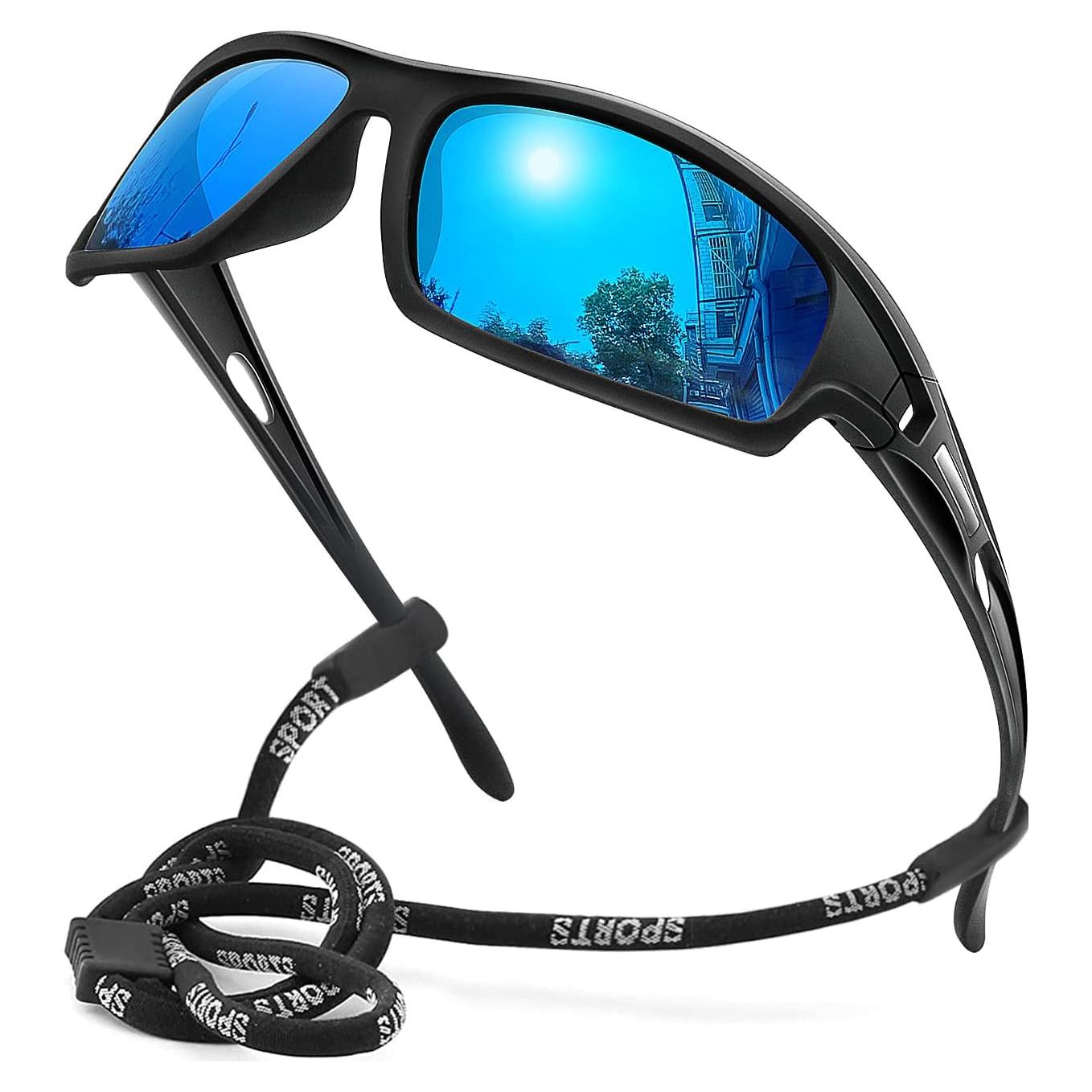 Gafas de sol deportivas polarizadas Hombres Marco negro Lente azul