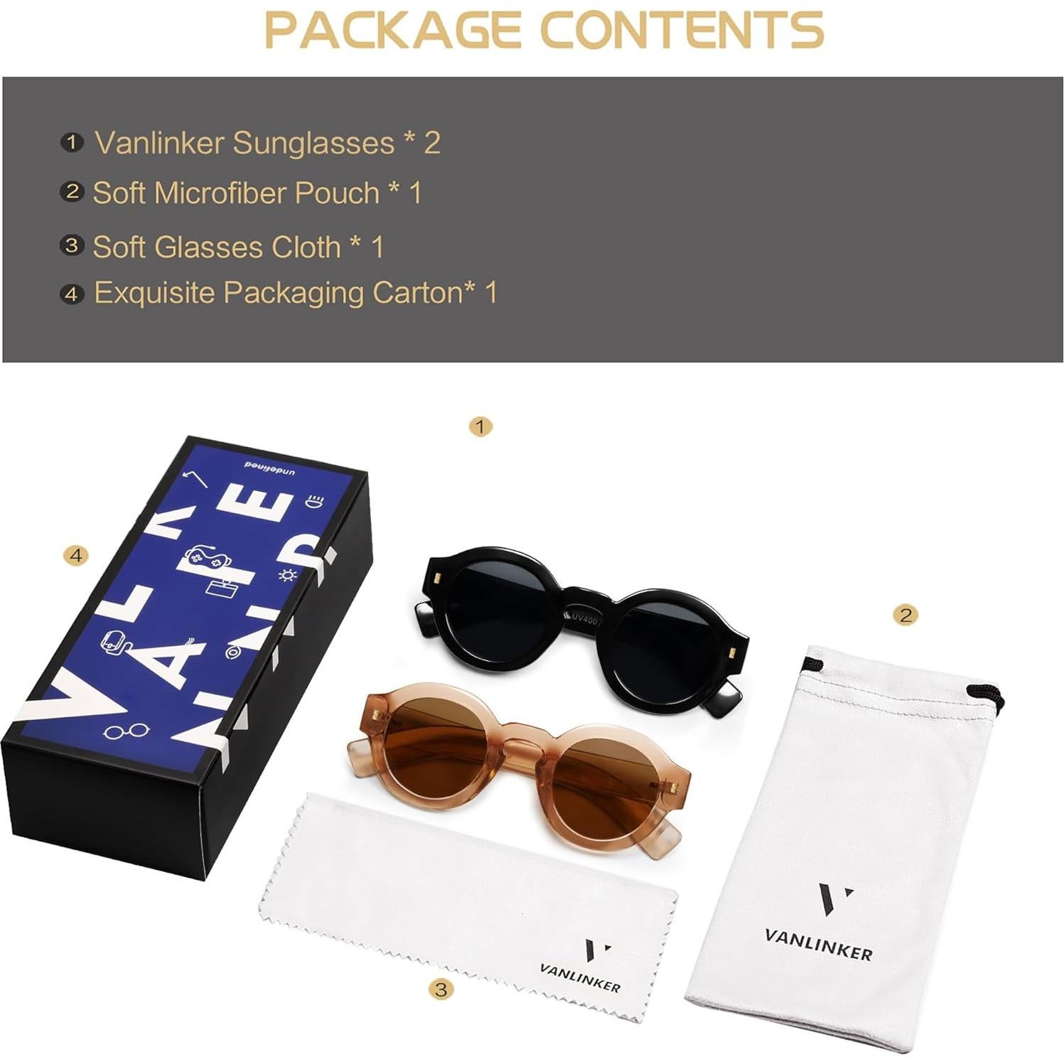 Gafas de sol polarizadas VANLINKER redondas unisex 2 piezas