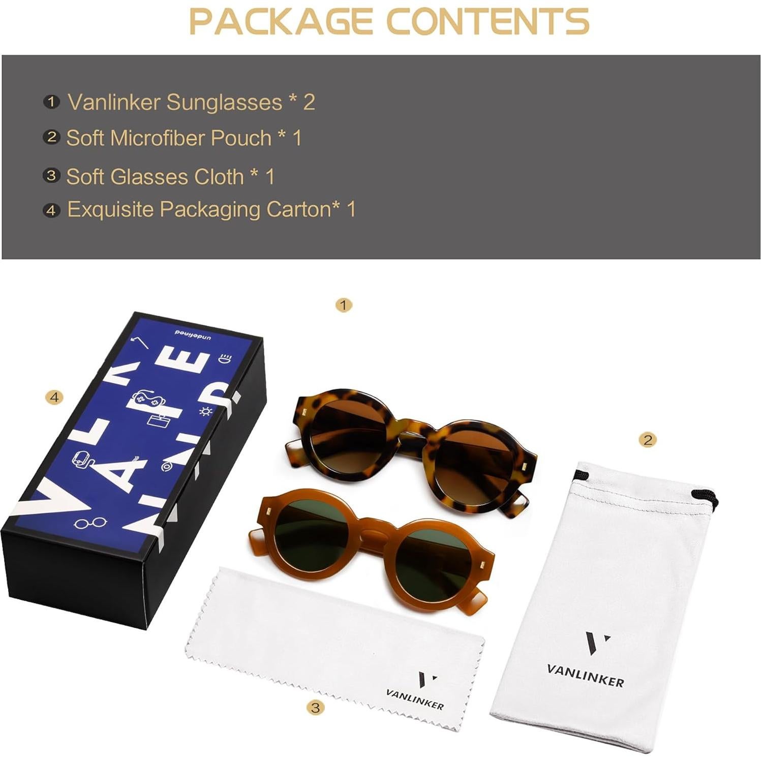 Gafas de sol redondas polarizadas VANLINKER unisex 2 piezas