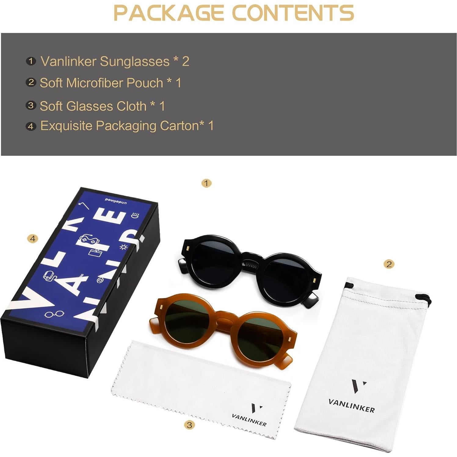 Gafas de sol polarizadas VANLINKER redondas unisex 2 piezas