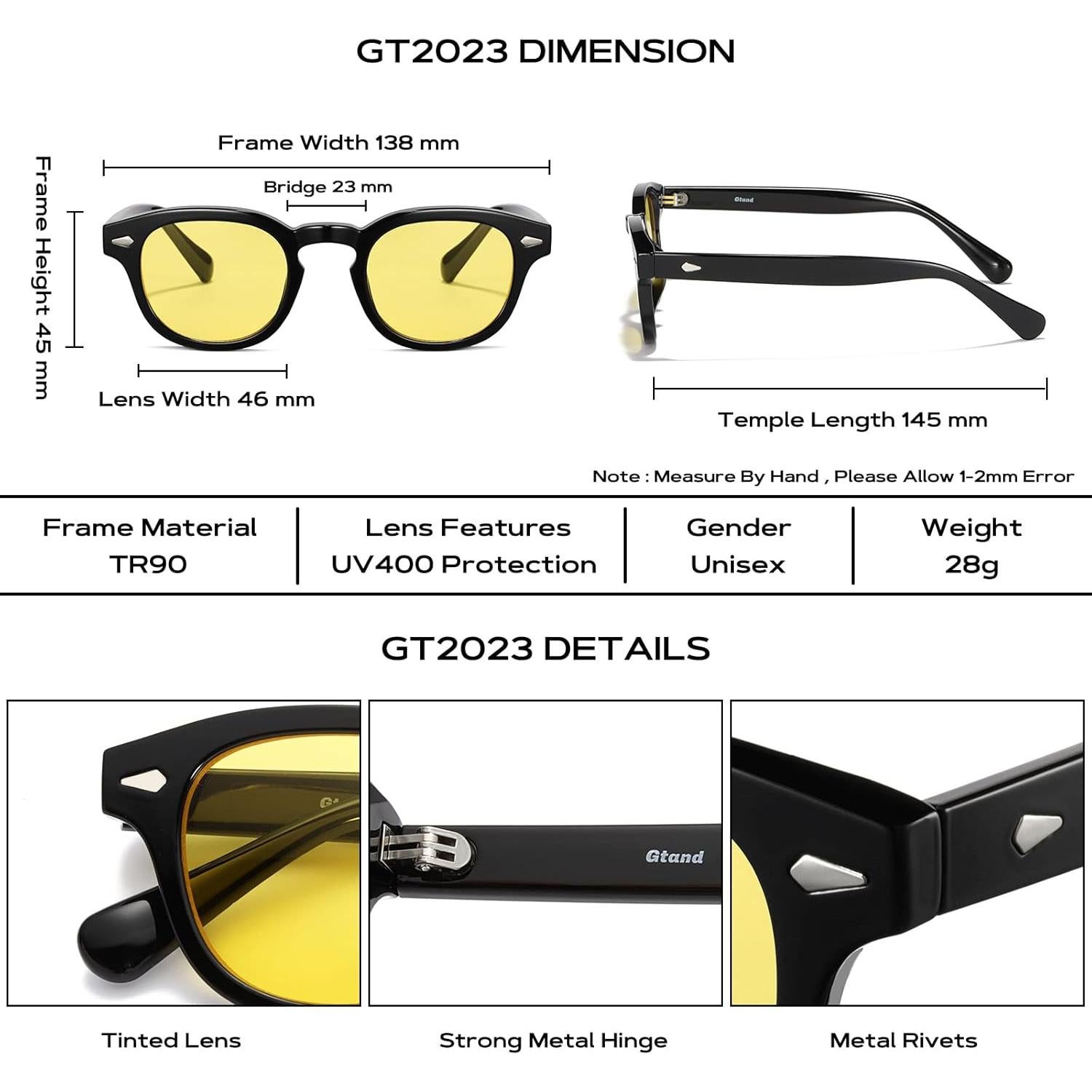 Gafas de Sol Gtand Unisex Retro 46mm UV400 Marco Negro