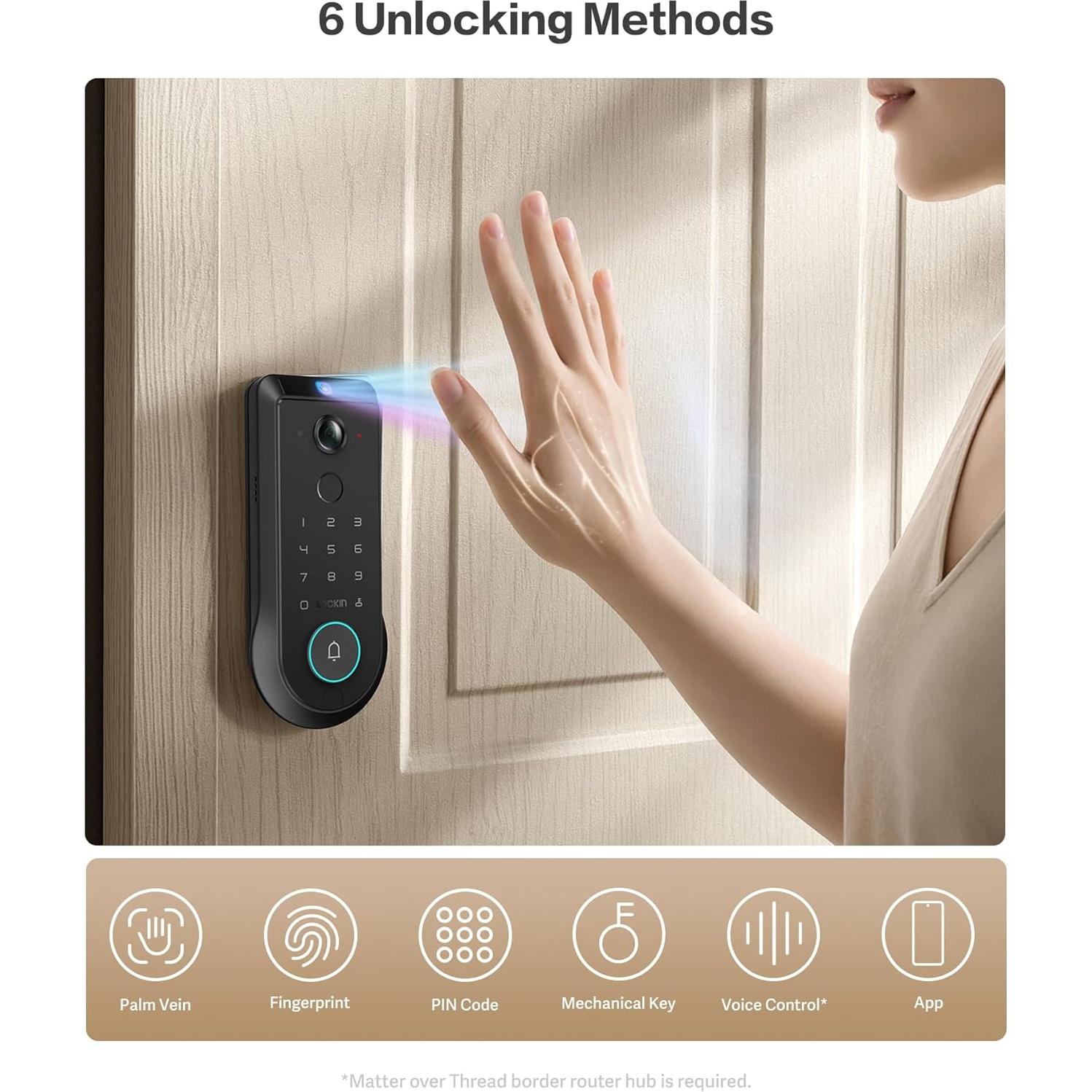 Cerradura Inteligente Lockin Veno Pro, Biométrica con Vena de Palma y Huella Dactilar, Wi-Fi, Timbre y Control por App