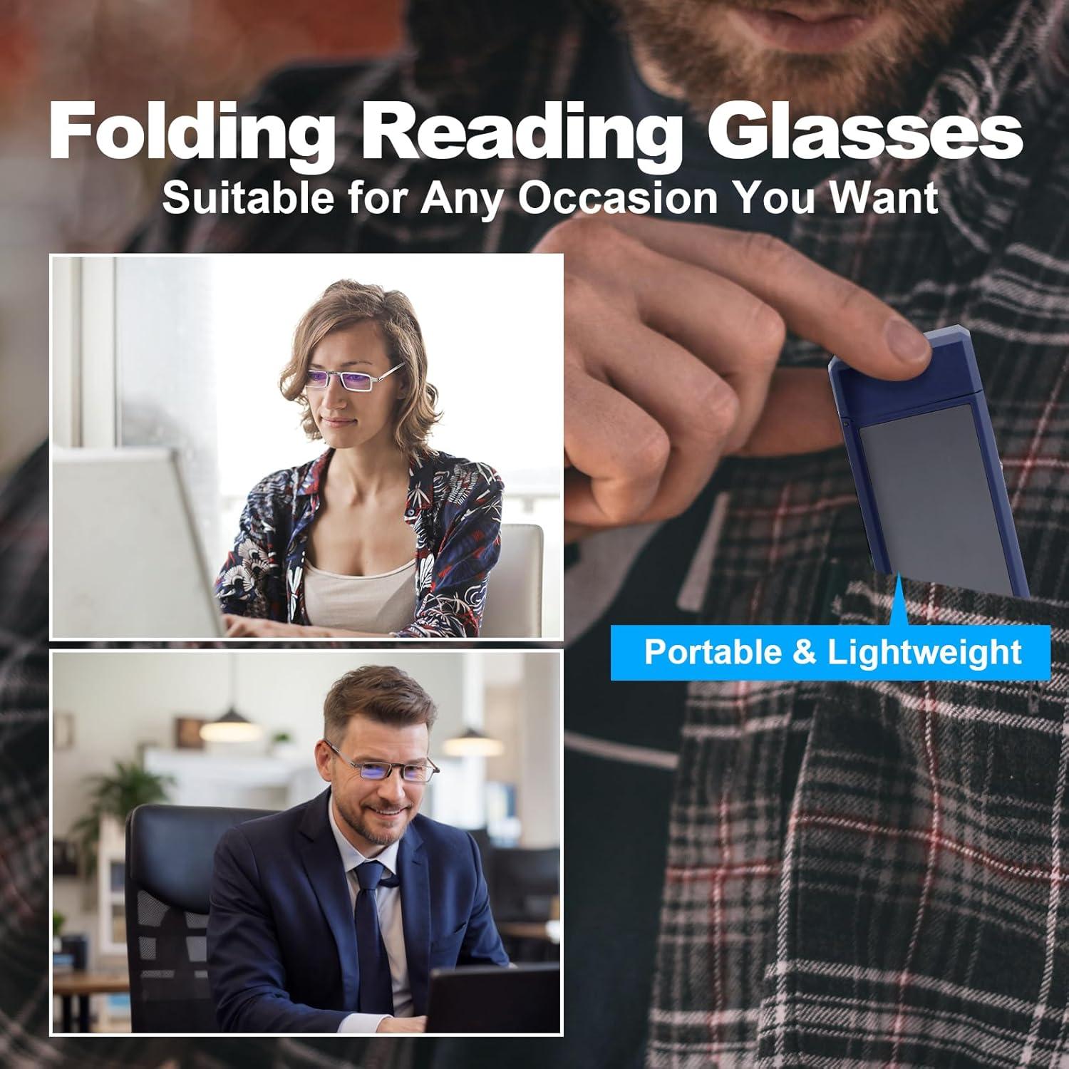 Durable Ultra Thin and Lightweight Folding Reading Glasses for Men Women, Blue Light Blocking Compact Computer Foldable Readers, Pocket Portable Sturdy Frame With Case Blue 1.5x