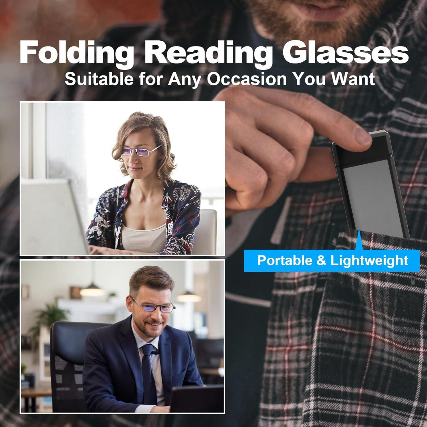 Durable Ultra Thin and Lightweight Folding Reading Glasses for Men Women, Blue Light Blocking Compact Computer Foldable Readers, Pocket Portable Sturdy Frame With Case Black 2.5x