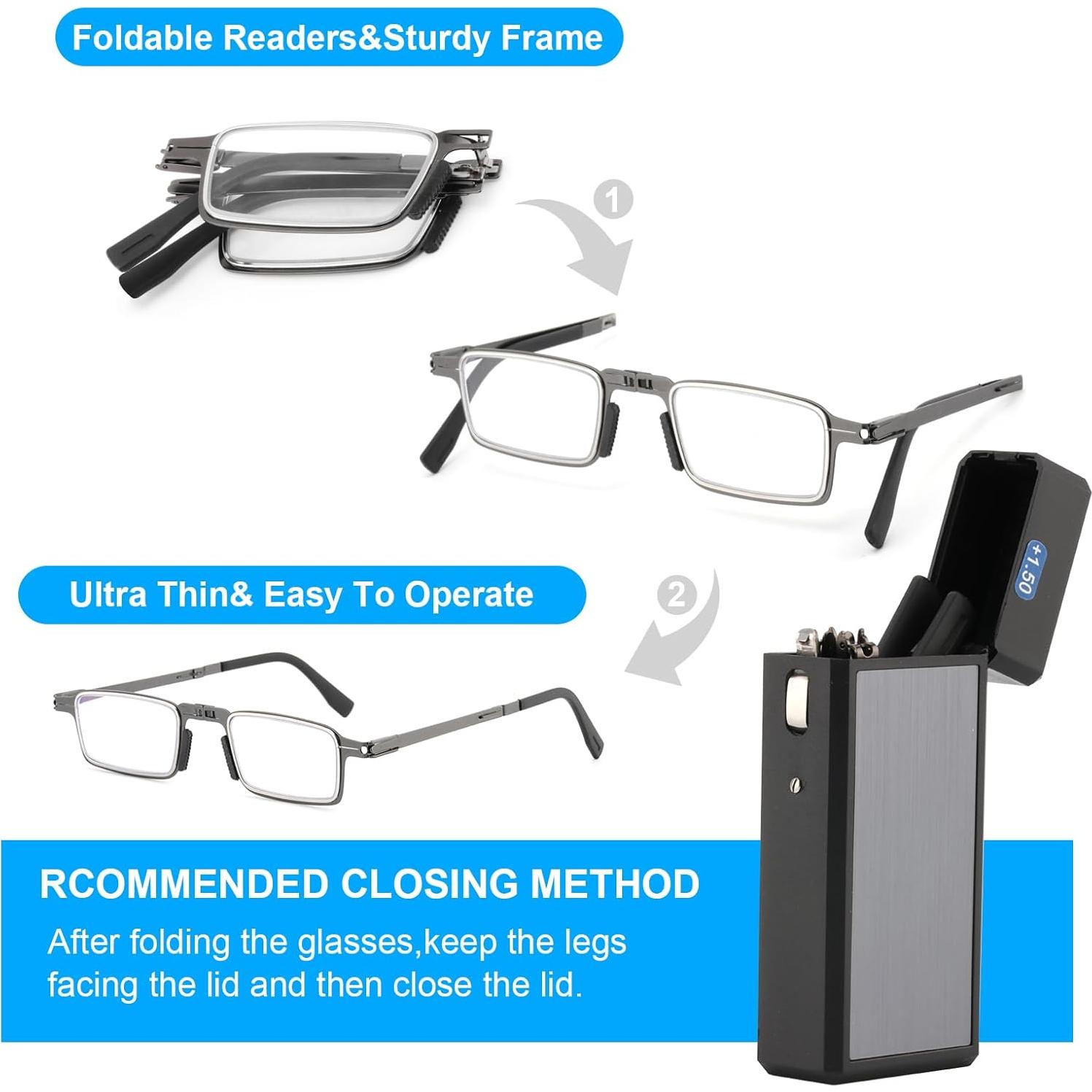 Durable Ultra Thin and Lightweight Folding Reading Glasses for Men Women, Blue Light Blocking Compact Computer Foldable Readers, Pocket Portable Sturdy Frame With Case Blue 3.0x