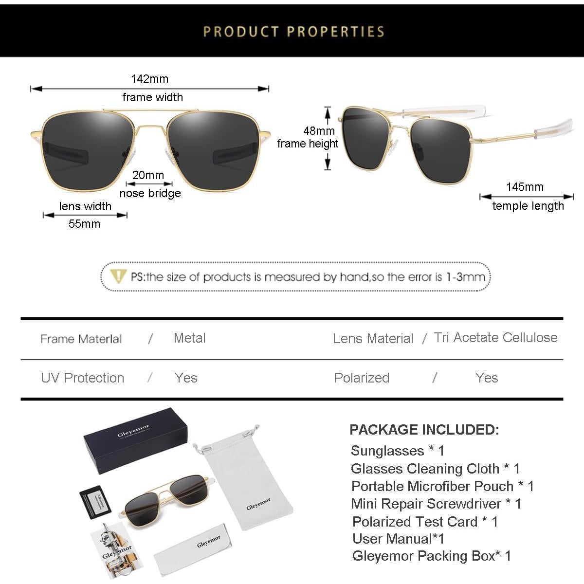 Gleyemor Gafas de Sol Aviador Polarizadas 55mm Marco Dorado