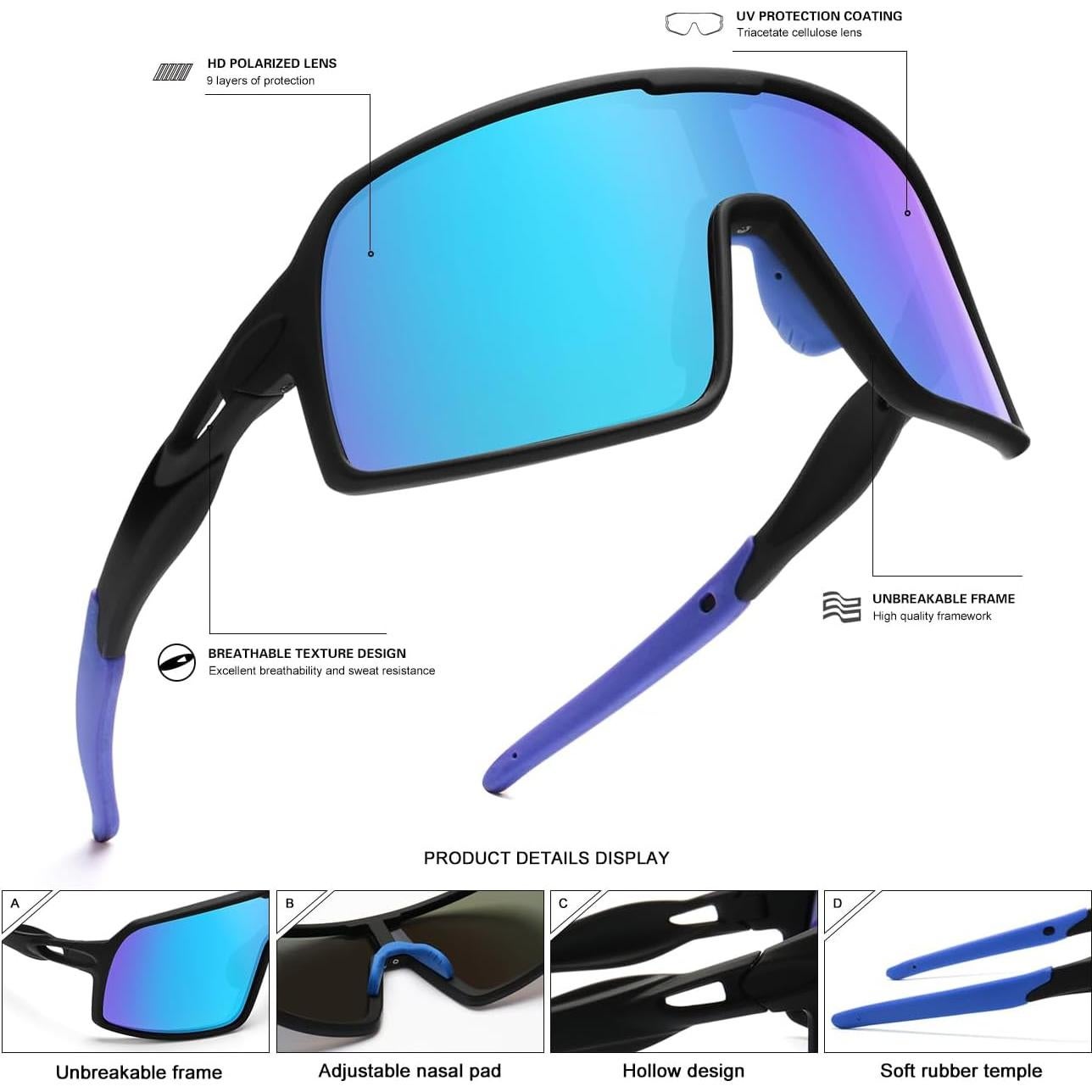 Gafas de sol deportivas polarizadas HD para ciclismo - Negro-Azul