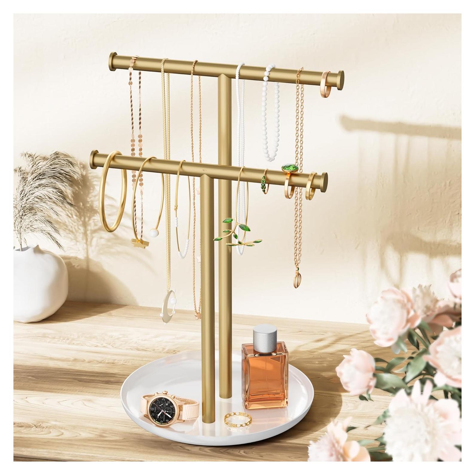 Soporte de Joyería Jasopaco en Forma de T con Bandeja - Oro