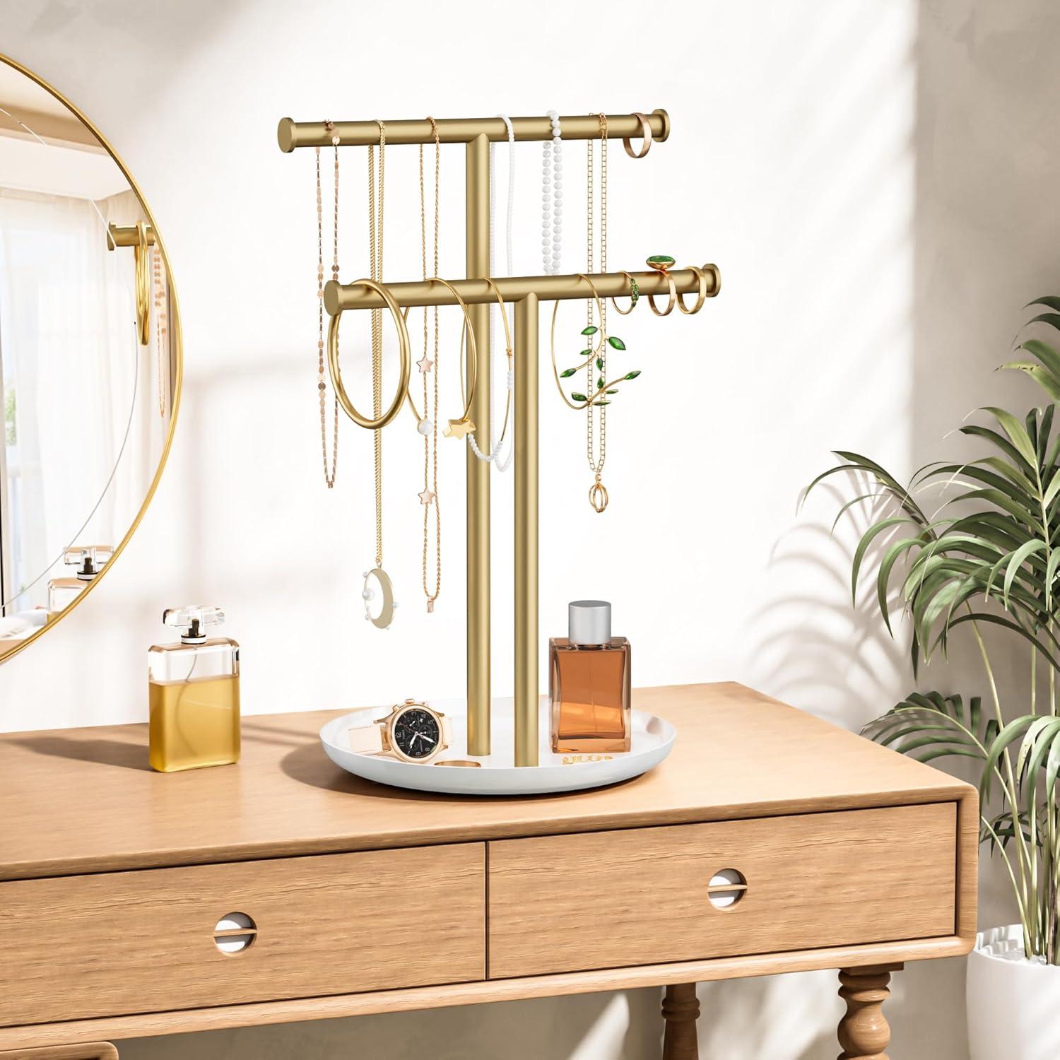 Soporte de Joyería Jasopaco en Forma de T con Bandeja - Oro