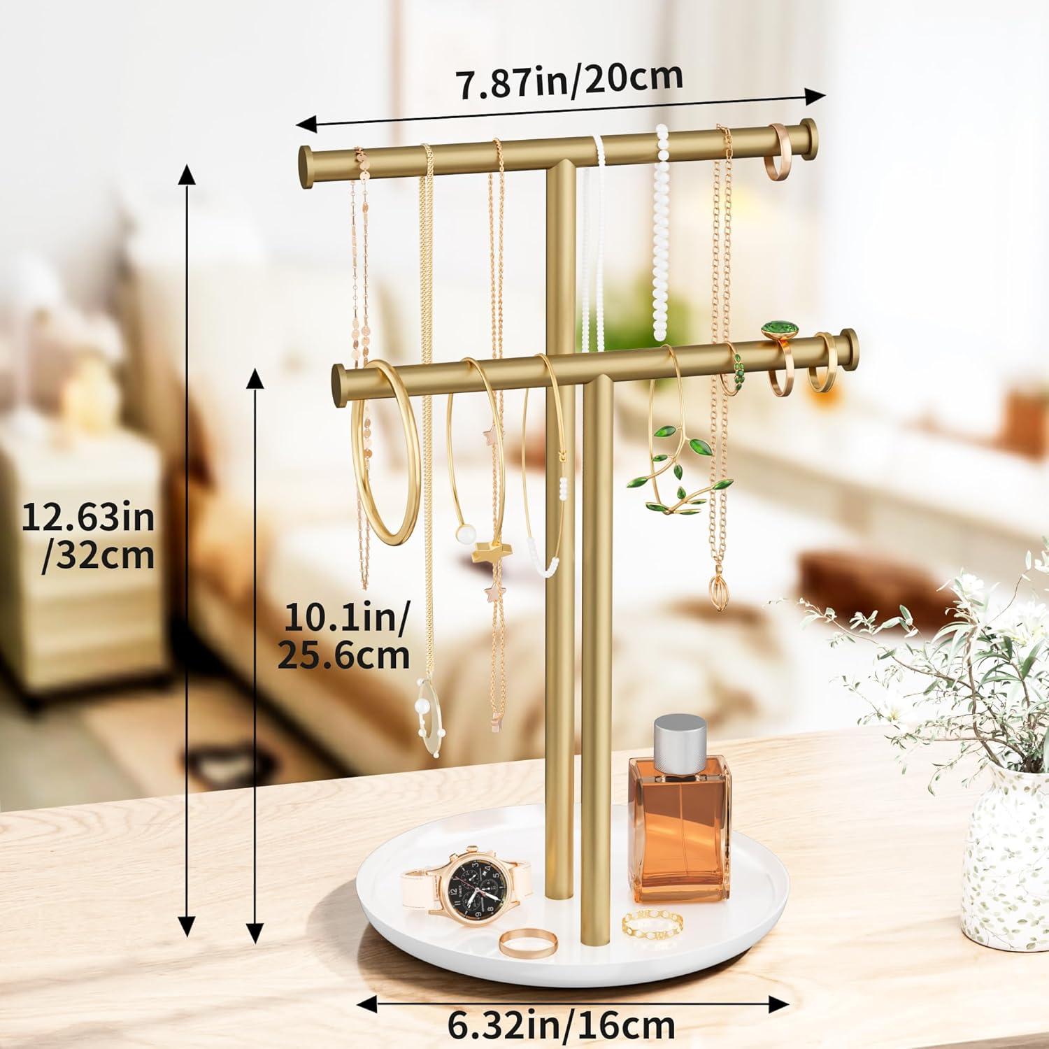 Soporte de Joyería Jasopaco en Forma de T con Bandeja - Oro