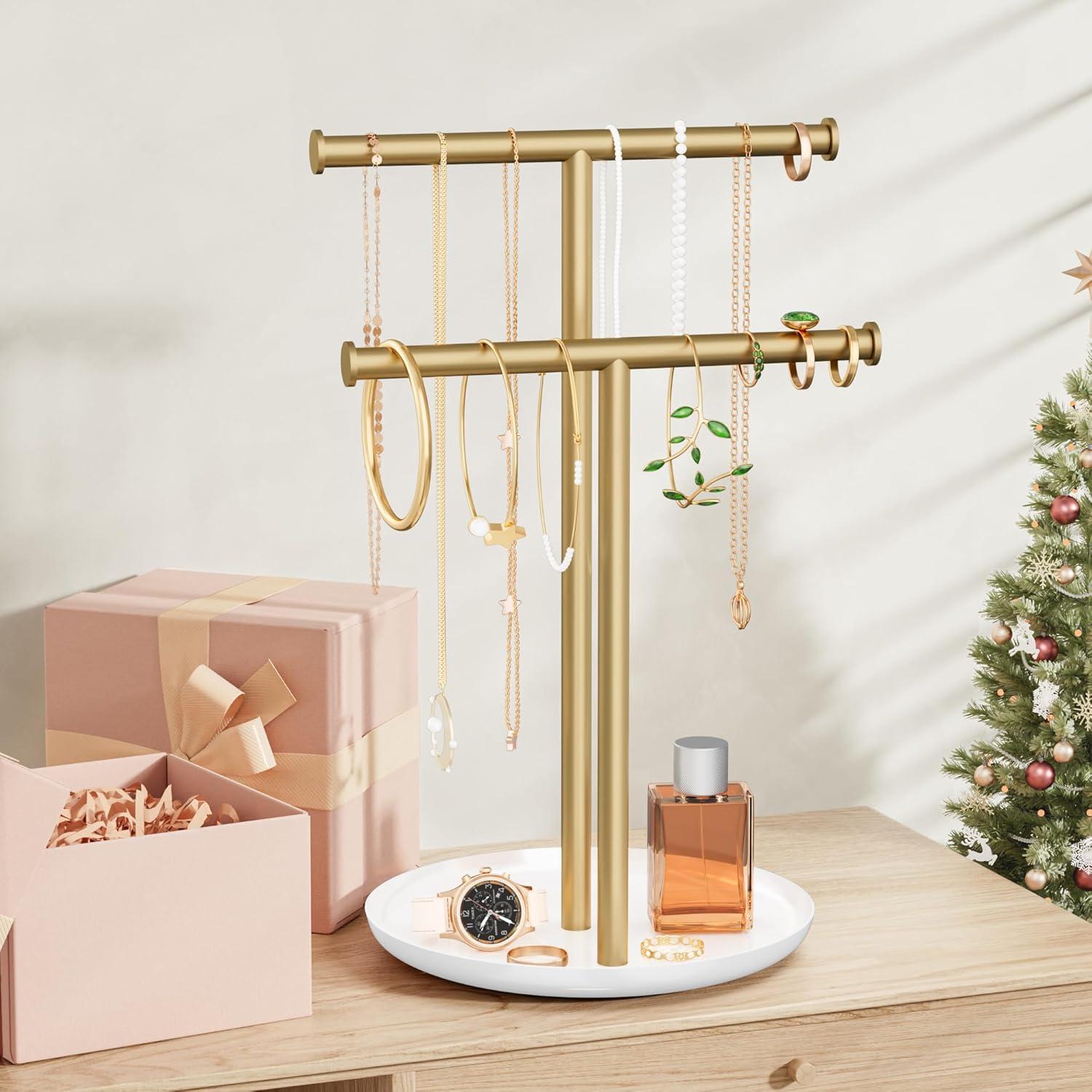 Soporte de Joyería Jasopaco en Forma de T con Bandeja - Oro