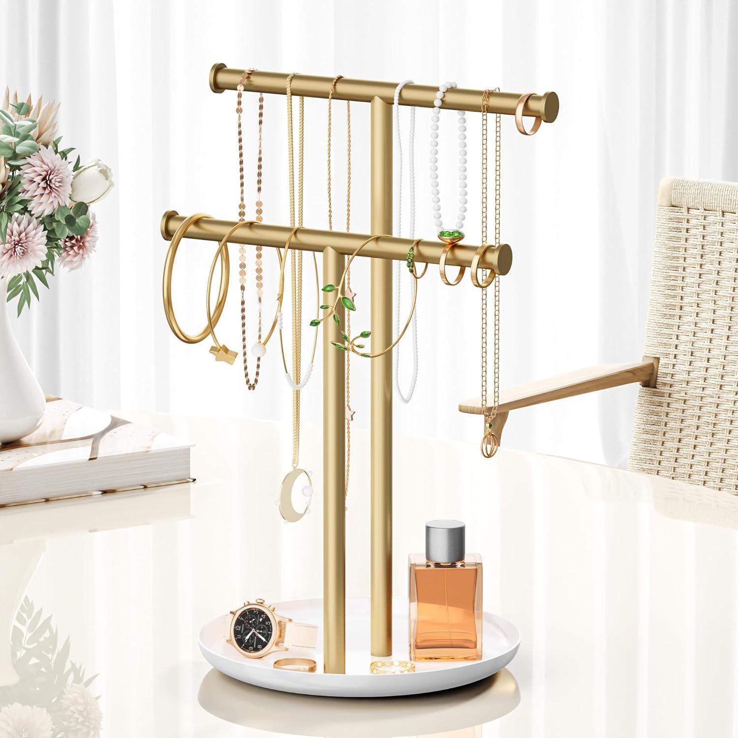 Soporte de Joyería Jasopaco en Forma de T con Bandeja - Oro