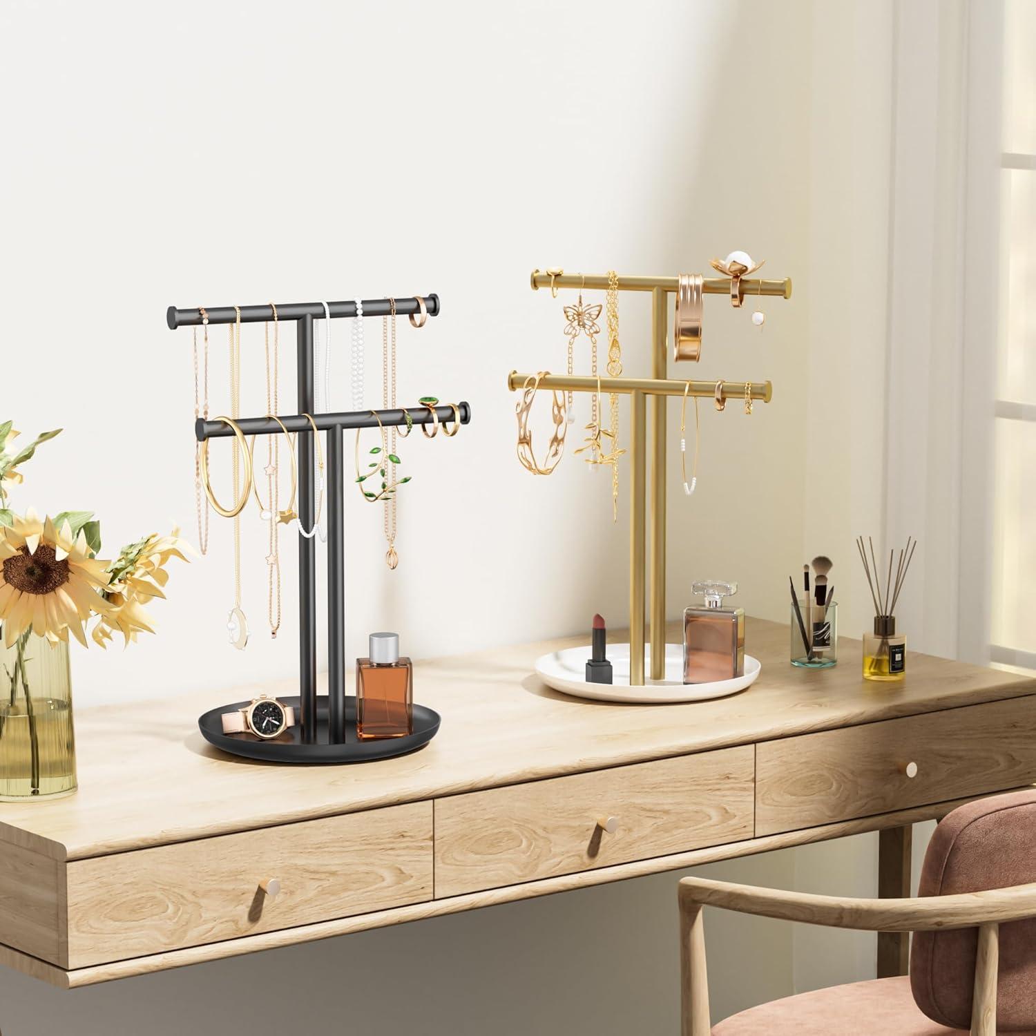 Soporte de Joyería Jasopaco en Forma de T con Bandeja - Oro