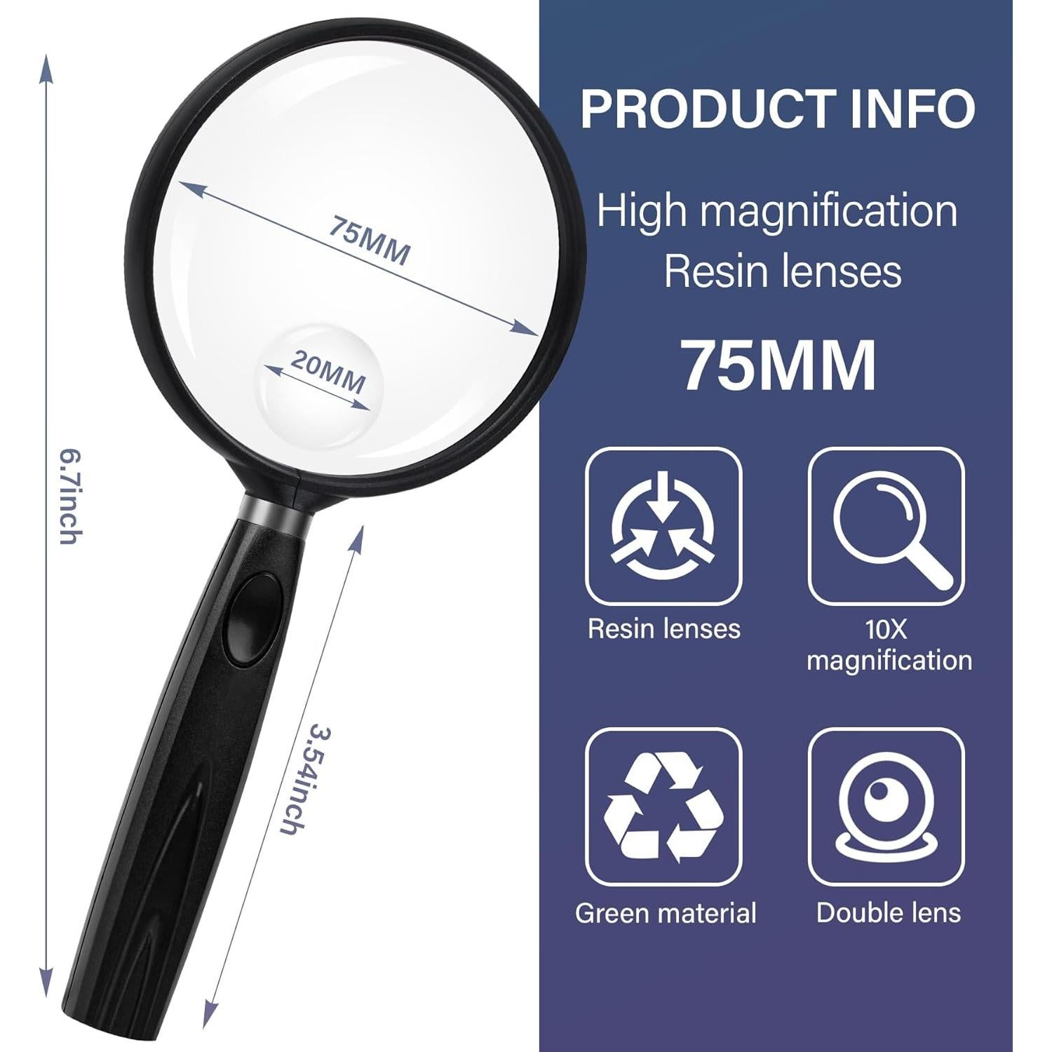 Lupa de Mano Feosky 10X 30X Lente Acrílica 75mm Negra