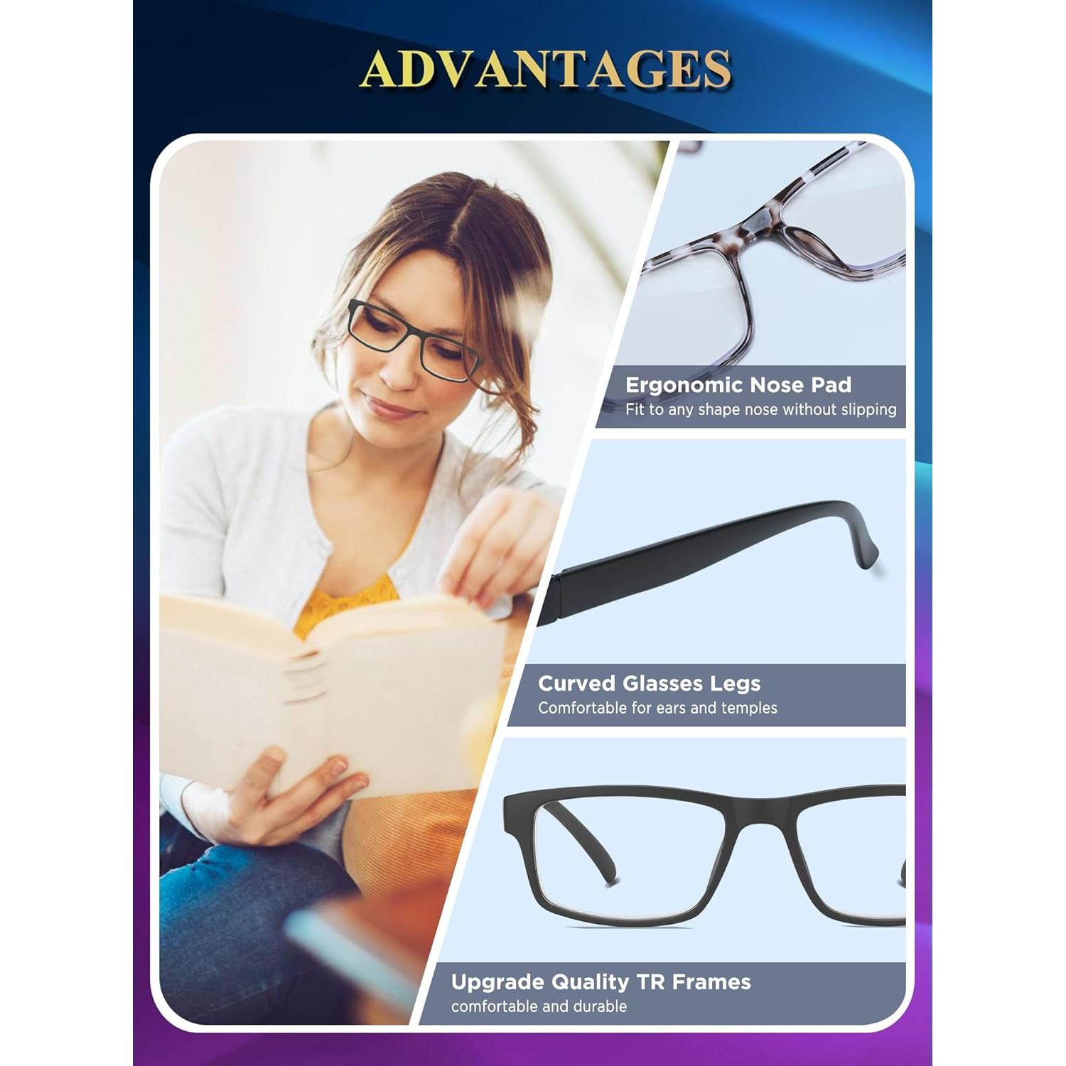 2 Pack Reading Glasses, Unbreakable Blue Light Blocking Reading Glasses,Filter UV Ray/Glare Computer Readers, Stylish Lightweight Spring Hinges Eyeglasses for Women Men(Black/Transparent,2.5)