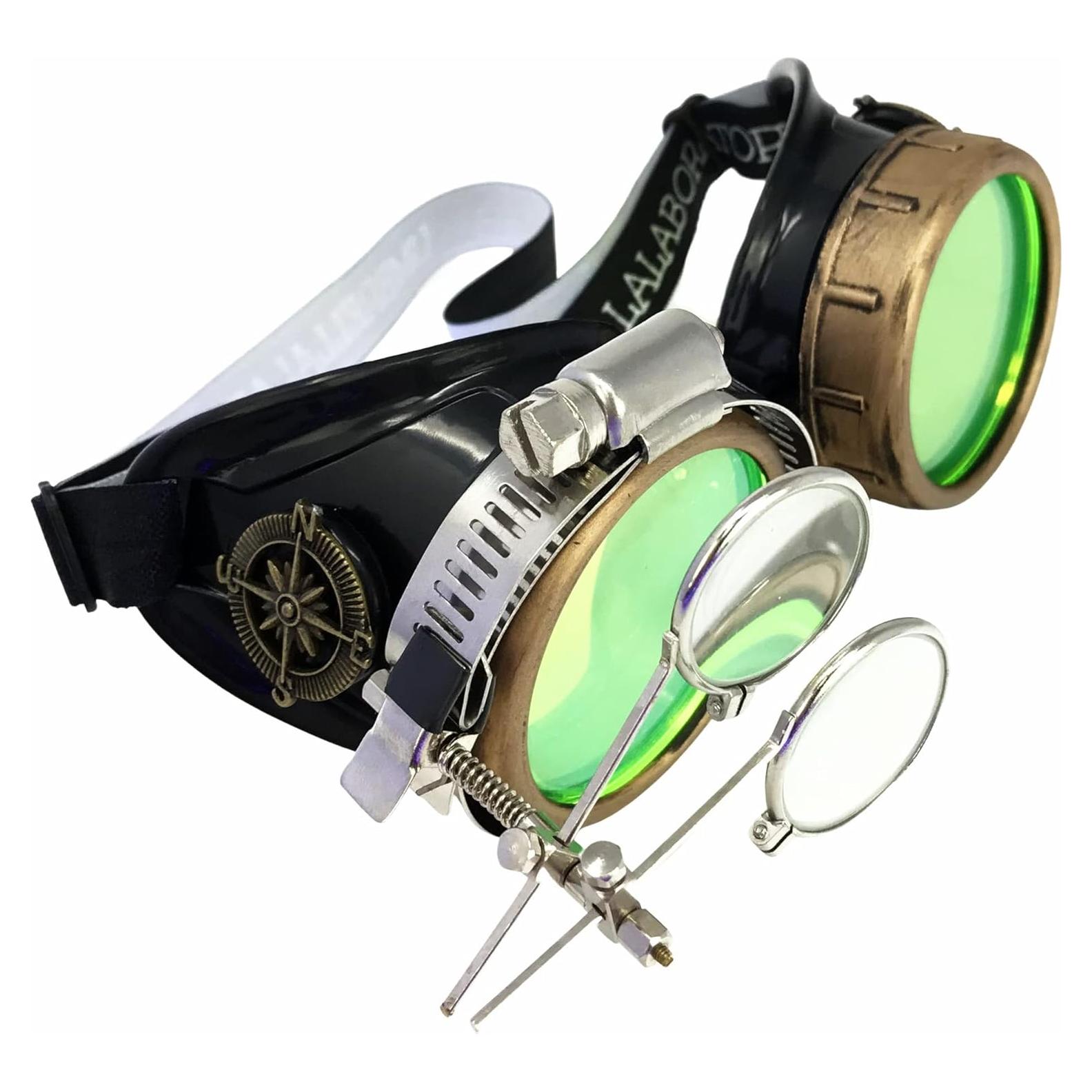 Gafas Steampunk UMBRELLALABORATORY con Lentes Verdes y Lupa