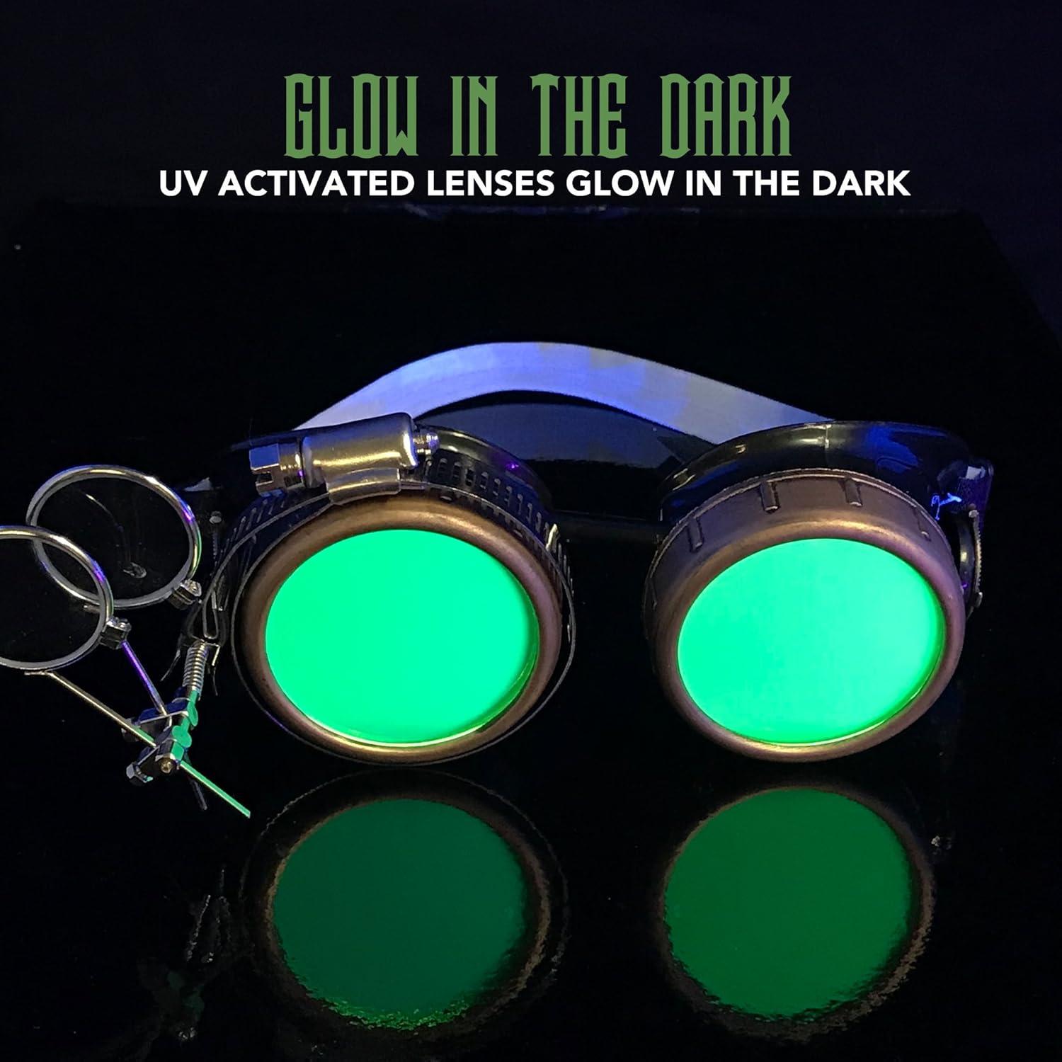 Gafas Steampunk UMBRELLALABORATORY con Lentes Verdes y Lupa