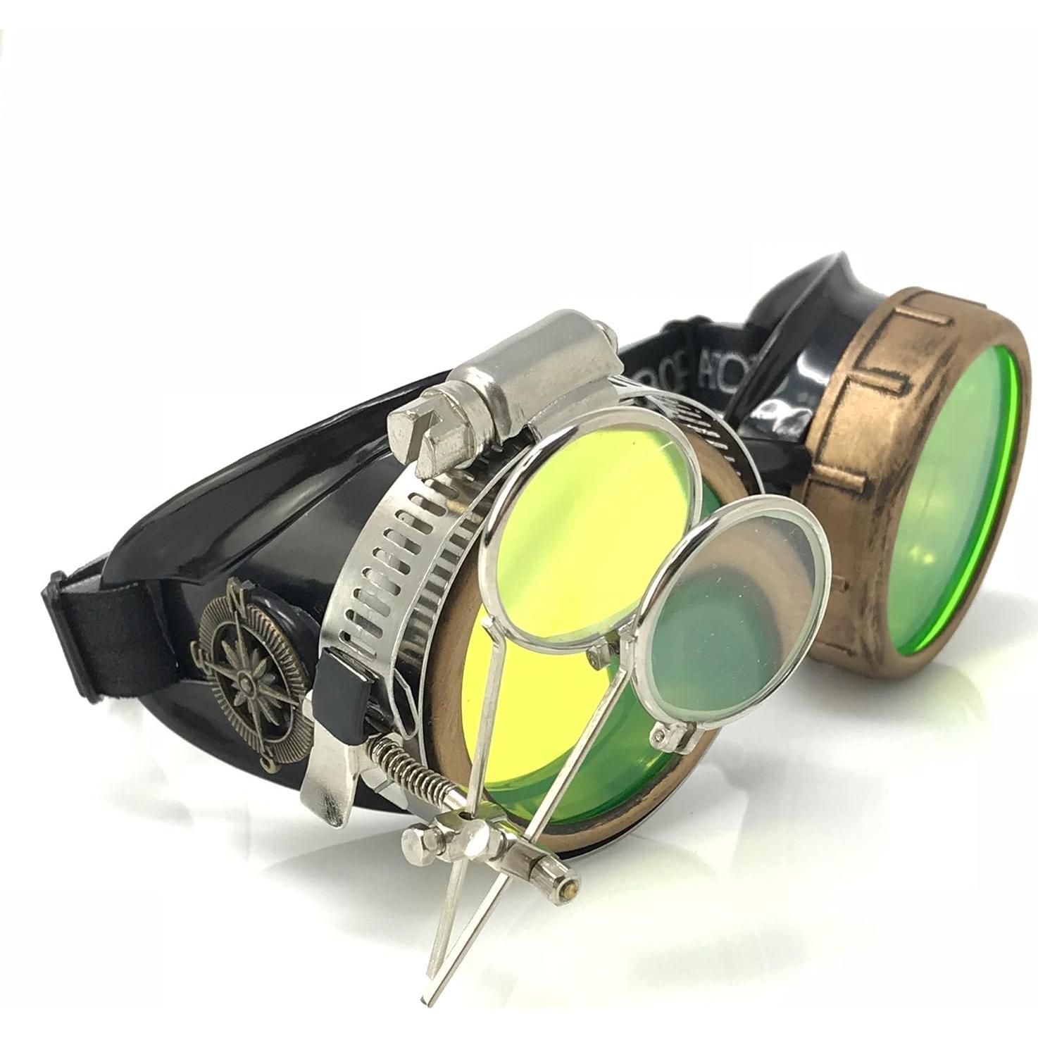 Gafas Steampunk UMBRELLALABORATORY con Lentes Verdes y Lupa