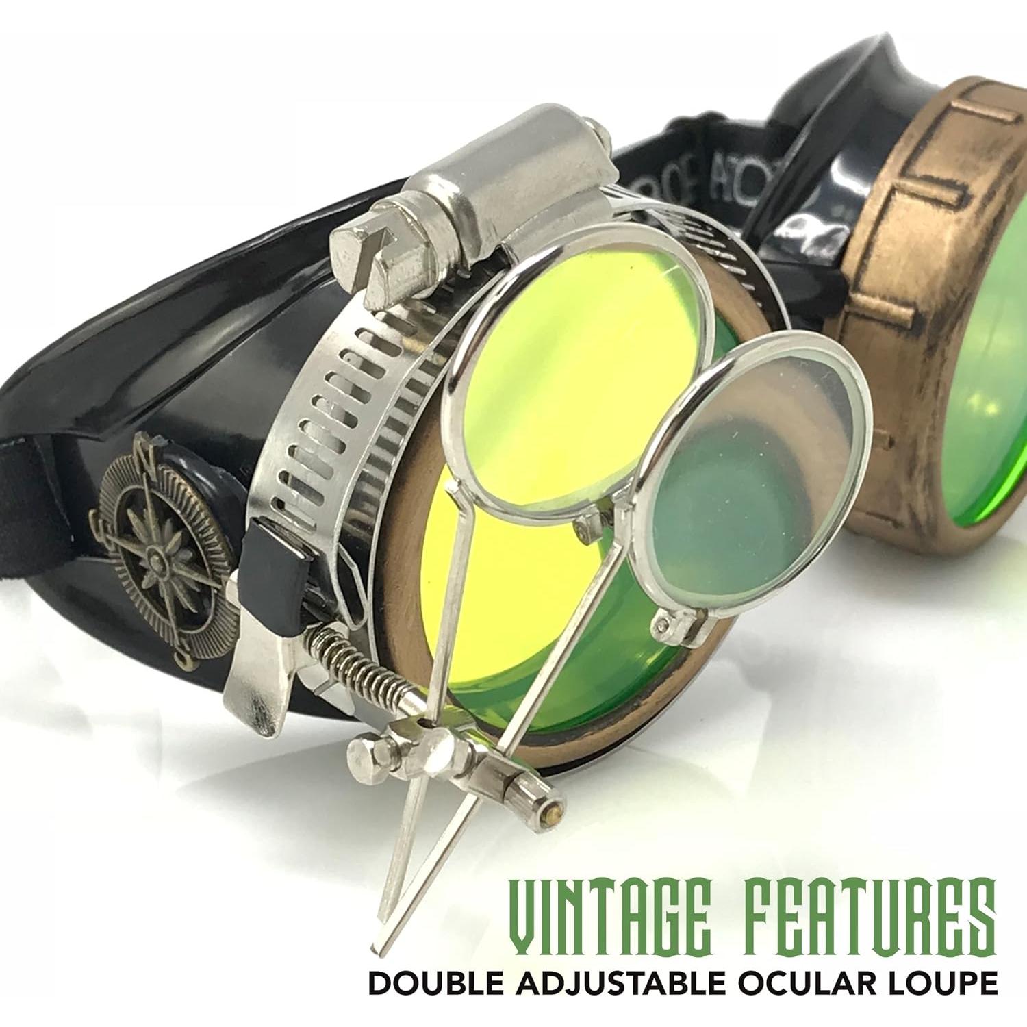 Gafas Steampunk UMBRELLALABORATORY con Lentes Verdes y Lupa