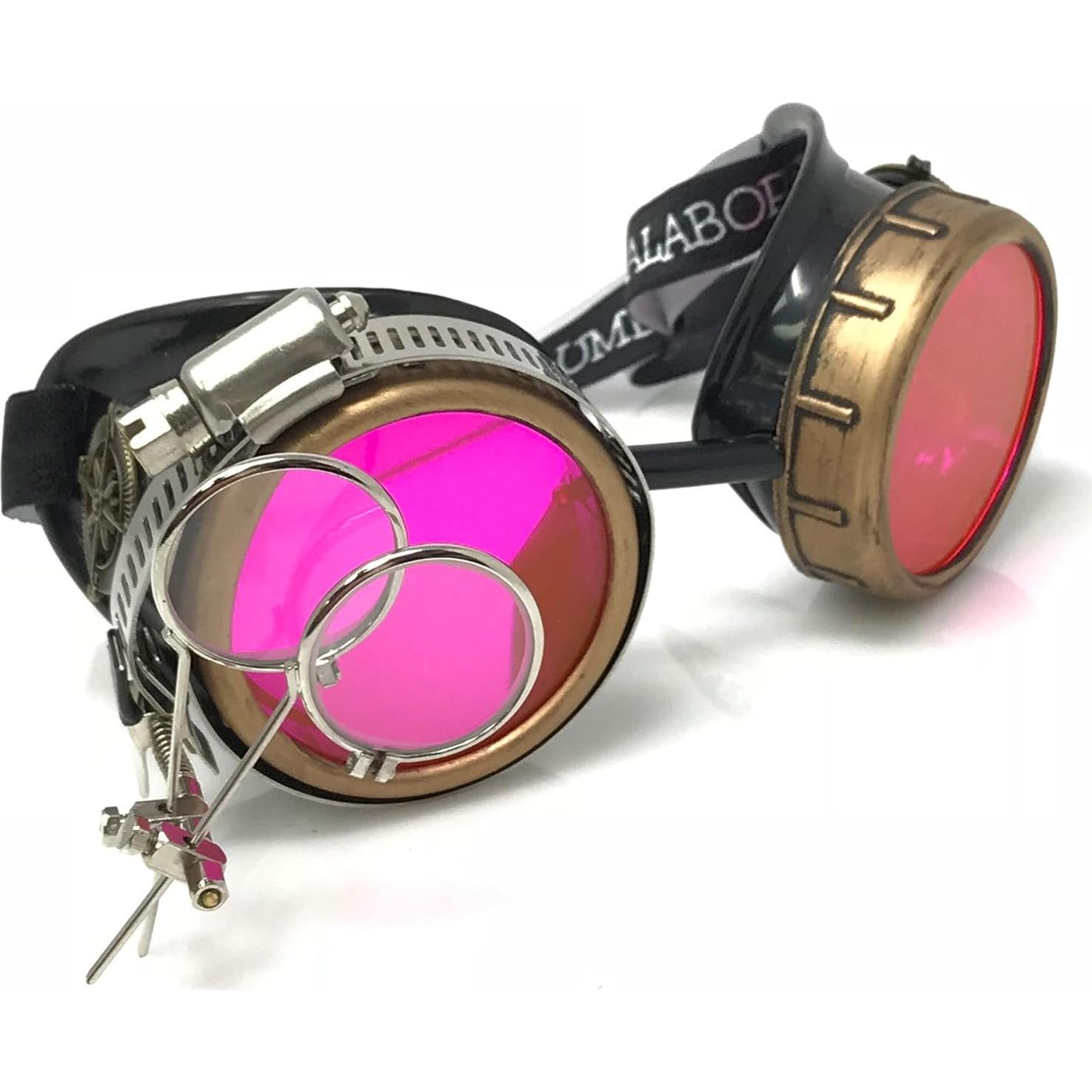 Gafas Steampunk Victoriano con Lentes de Lupa Rosa