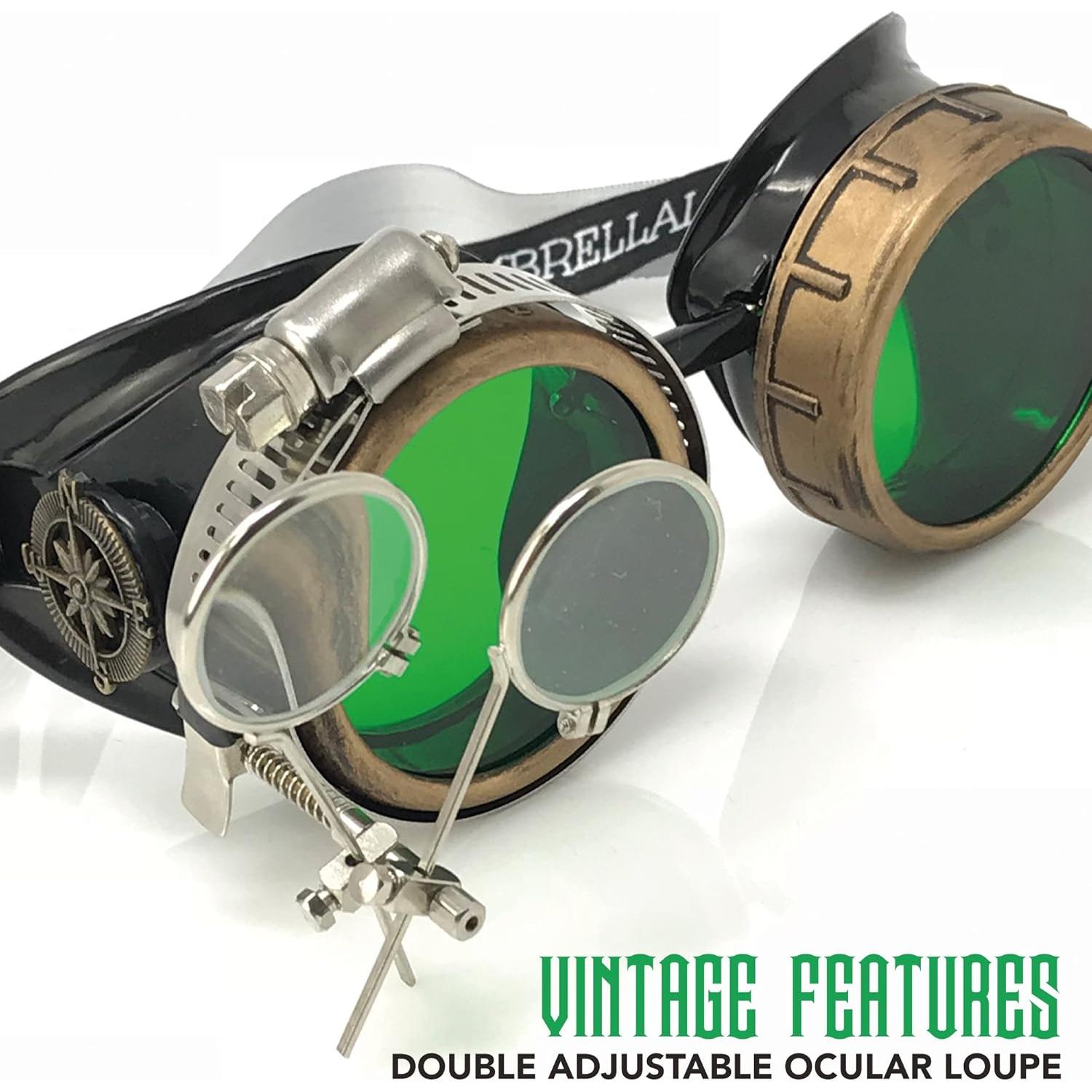 Gafas Steampunk UMBRELLALABORATORY con Lentes Verdes y Lupa