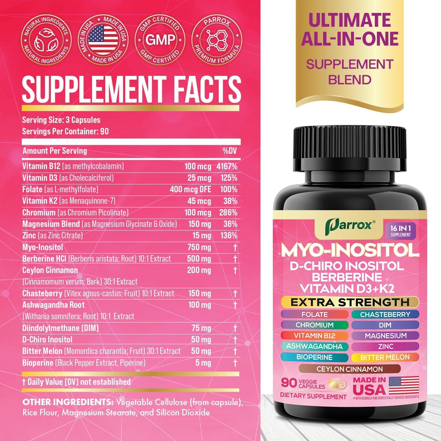 Suplemento Parrox 16 en 1: Myo Inositol, Ashwagandha, 90 Cápsulas Veganas