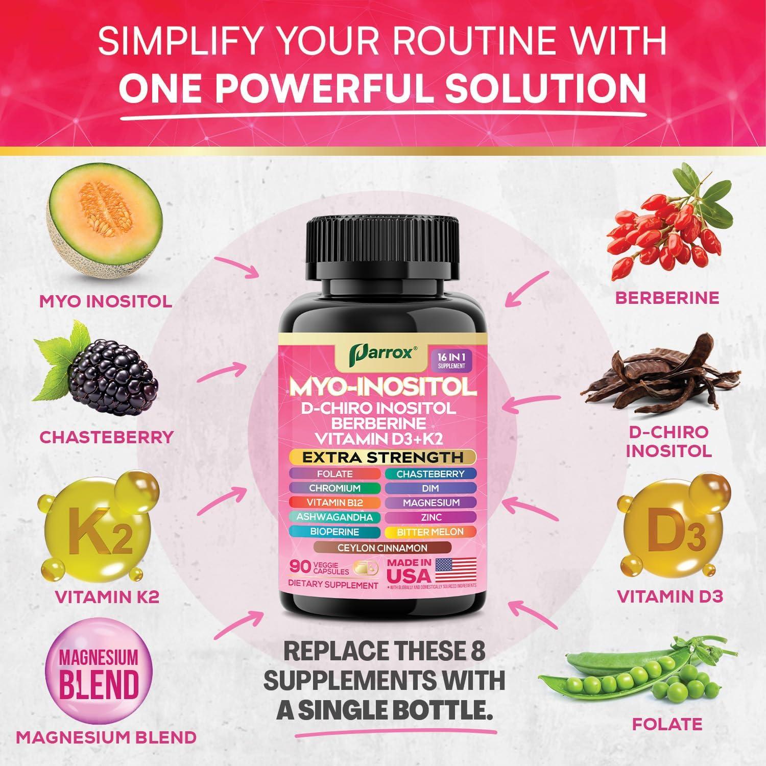 Suplemento Parrox 16 en 1: Myo Inositol, Ashwagandha, 90 Cápsulas Veganas