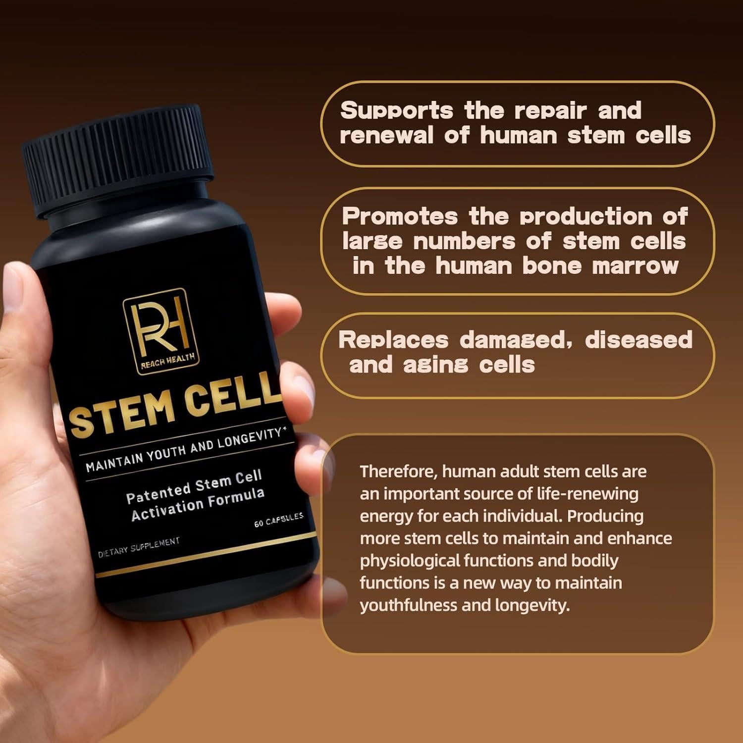 Suplemento de Células Madre Reach Health, 60 Cápsulas, Vitamina D y B12