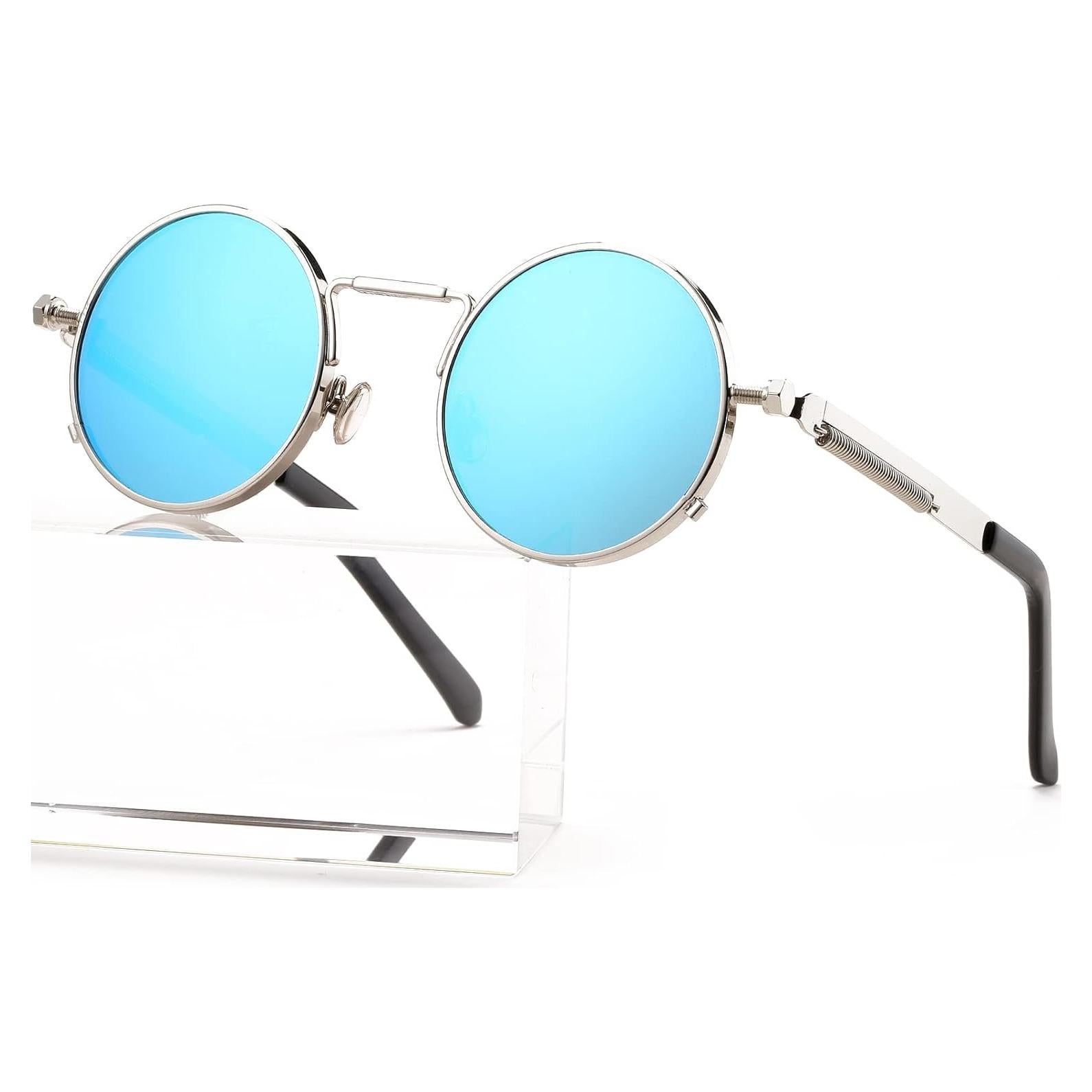 Gafas de sol redondas AIEYEZO plata espejo azul 50mm UV