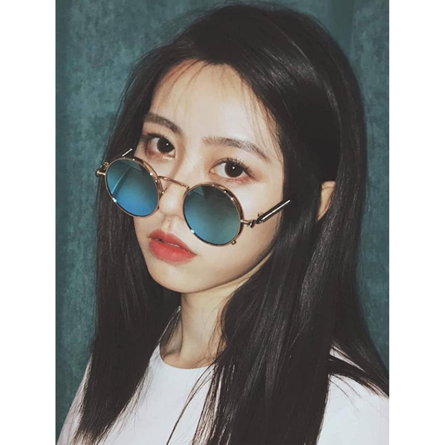 Gafas de sol redondas AIEYEZO plata espejo azul 50mm UV