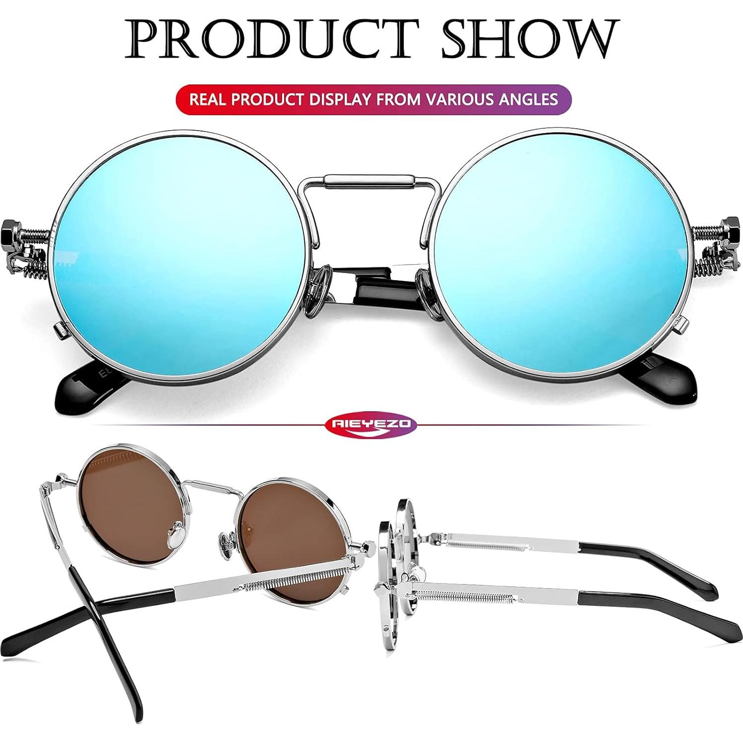 Gafas de sol redondas AIEYEZO plata espejo azul 50mm UV