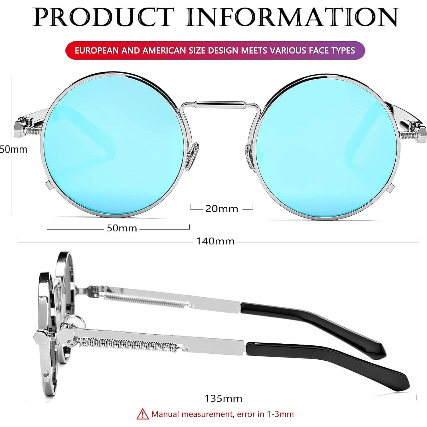 Gafas de sol redondas AIEYEZO plata espejo azul 50mm UV