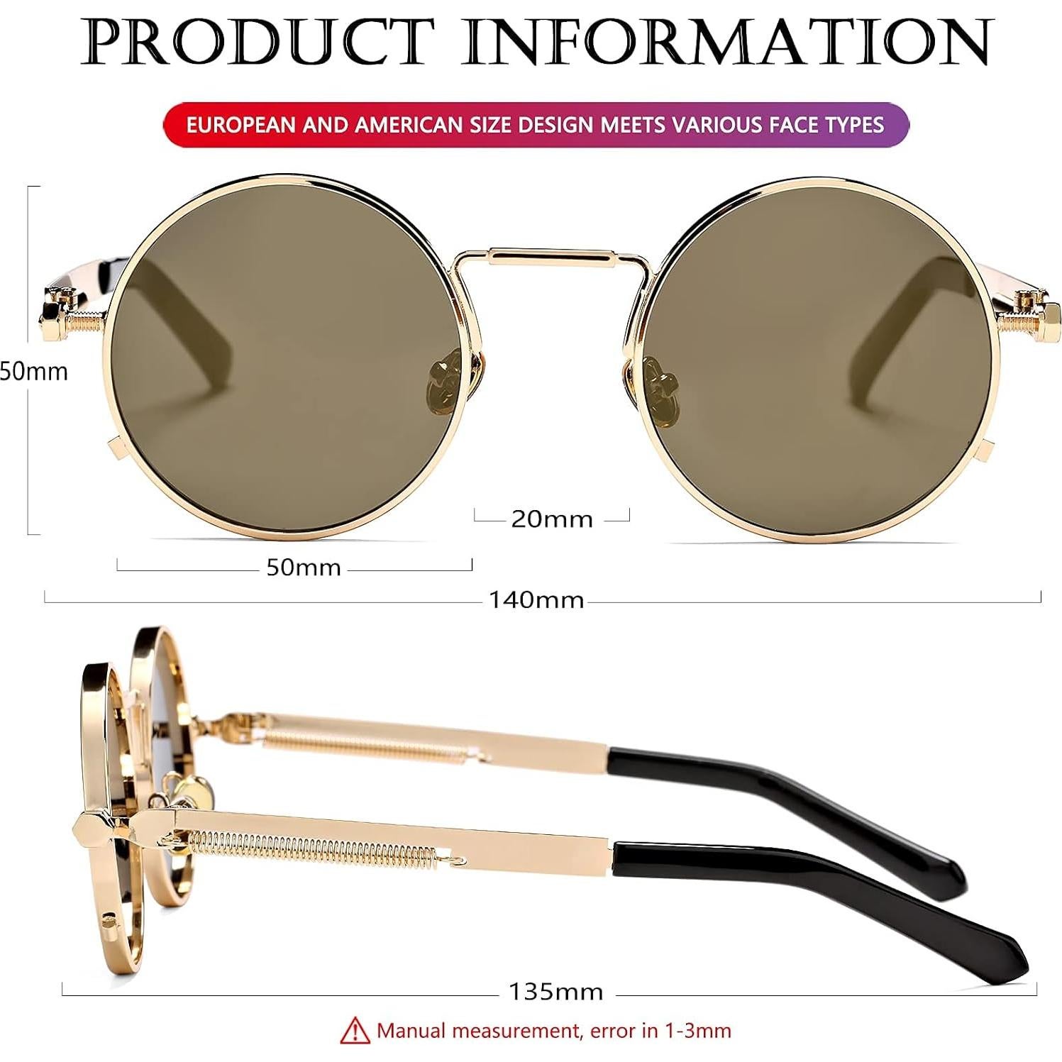 Gafas de sol redondas AIEYEZO oro espejo 50mm UV 100%