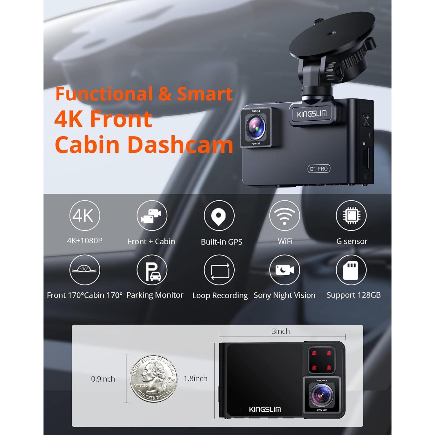 Cámara Dash D1 Pro 4K Dual Kingslim GPS WiFi Visión Nocturna