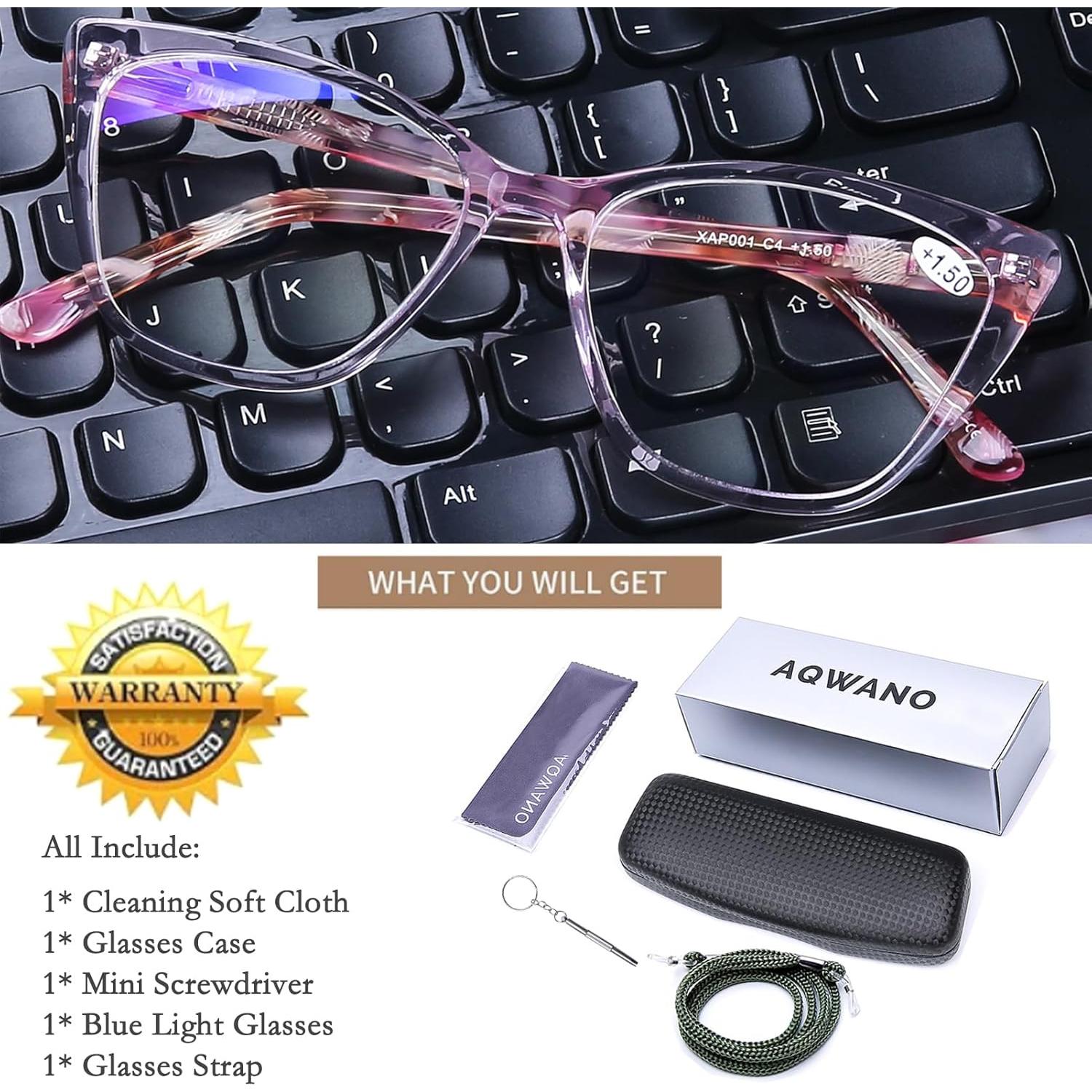 Gafas de Lectura AQWANO Ojo de Gato Rosa 2.5x Bloqueo Luz Azul