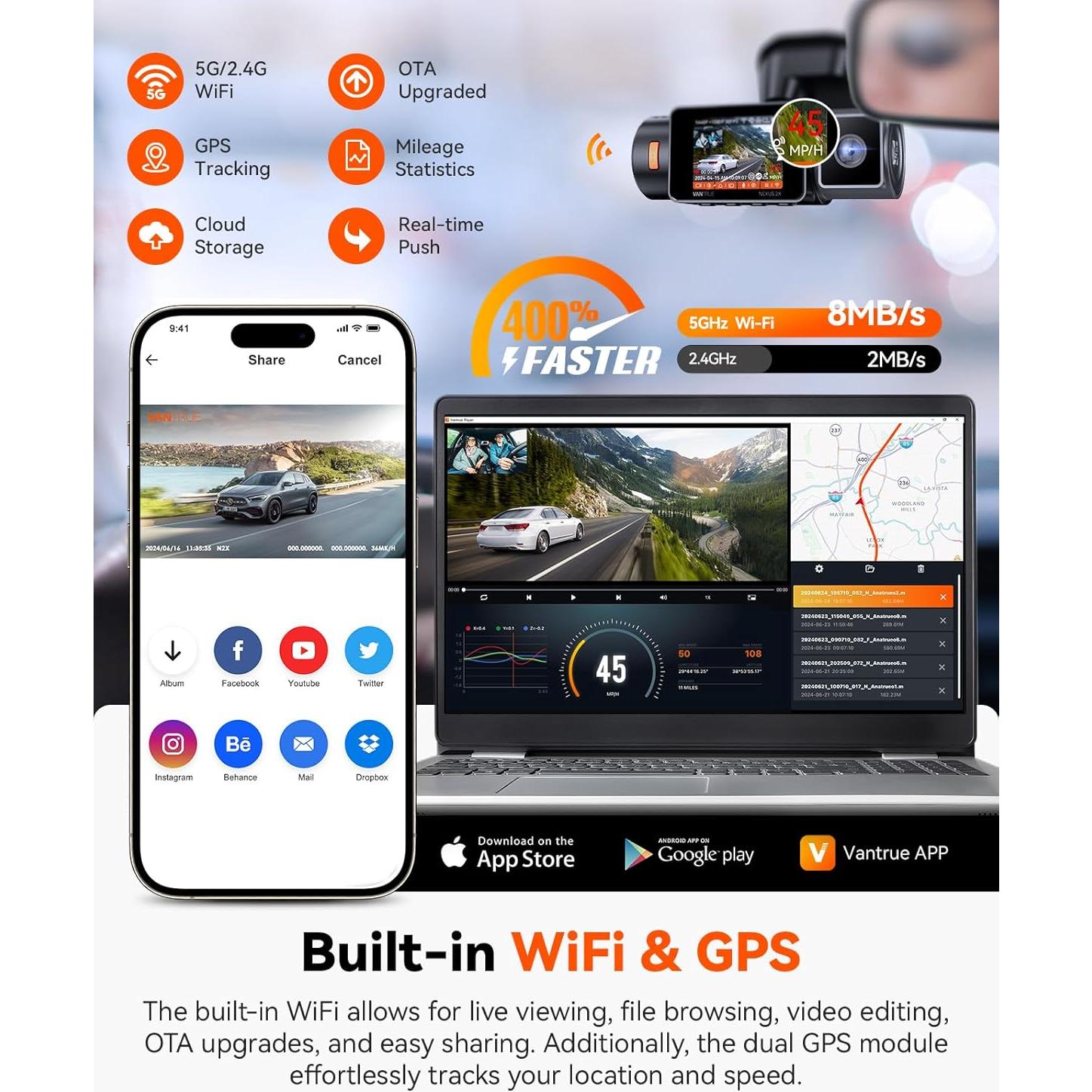 Cámara Doble Vantrue N2X 2.7K con WiFi y GPS para Auto