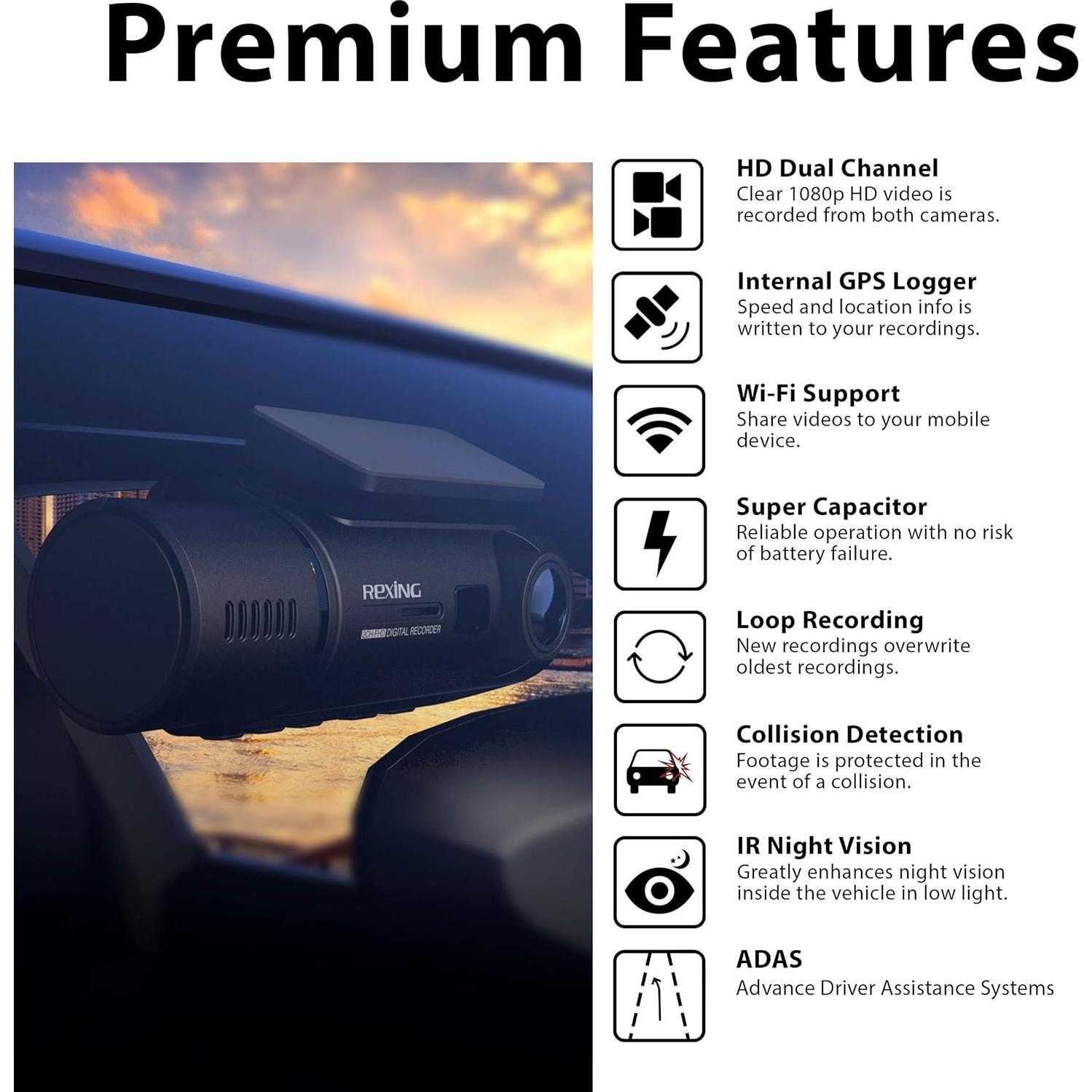 Cámara Rexing V3 Doble Frontal y Cabina Full HD 1080p