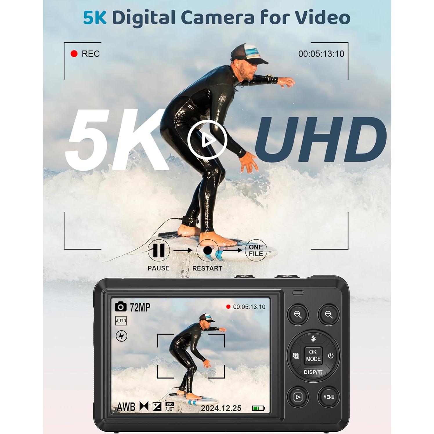 Cámara Digital 5K Ruwaqart DC068BK 72MP Compacta con Flash