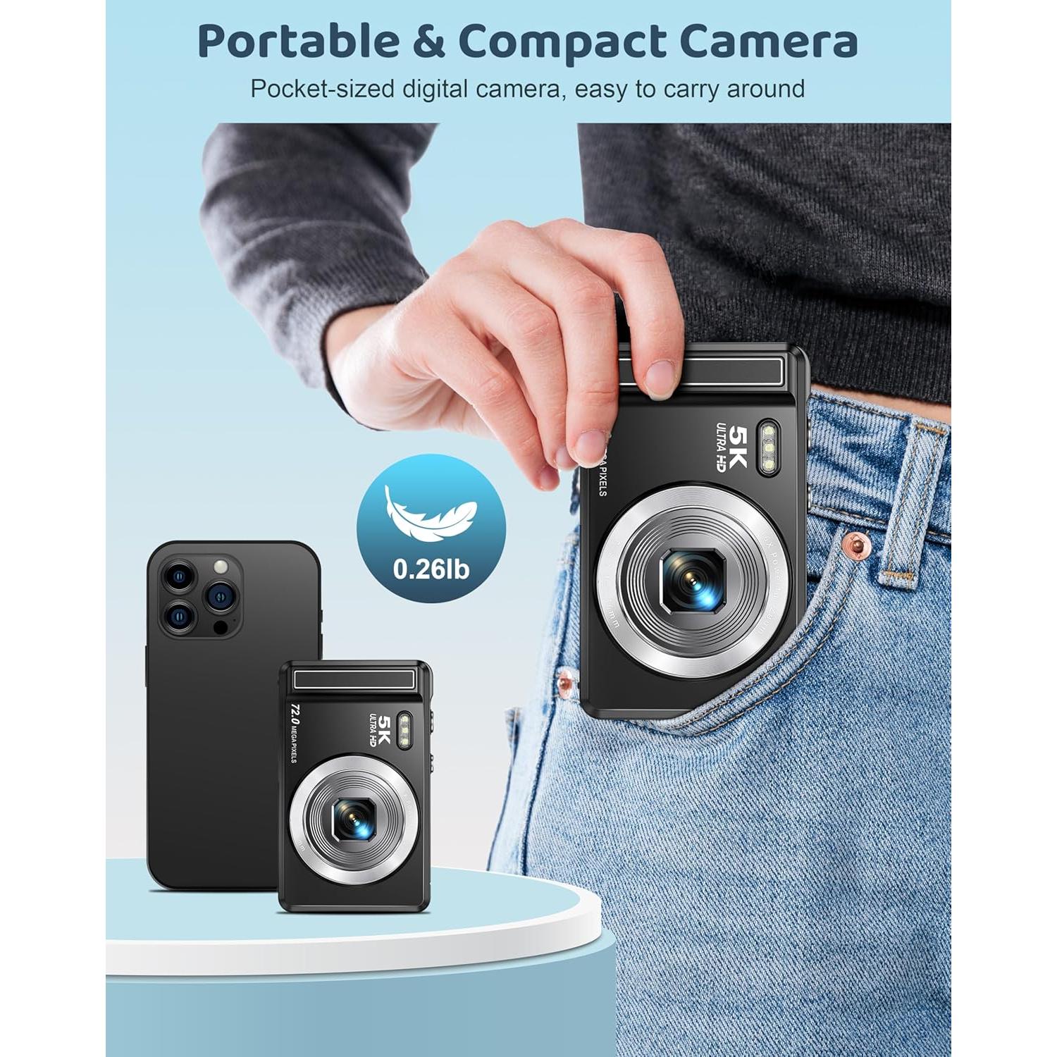 Cámara Digital 5K Ruwaqart DC068BK 72MP Compacta con Flash