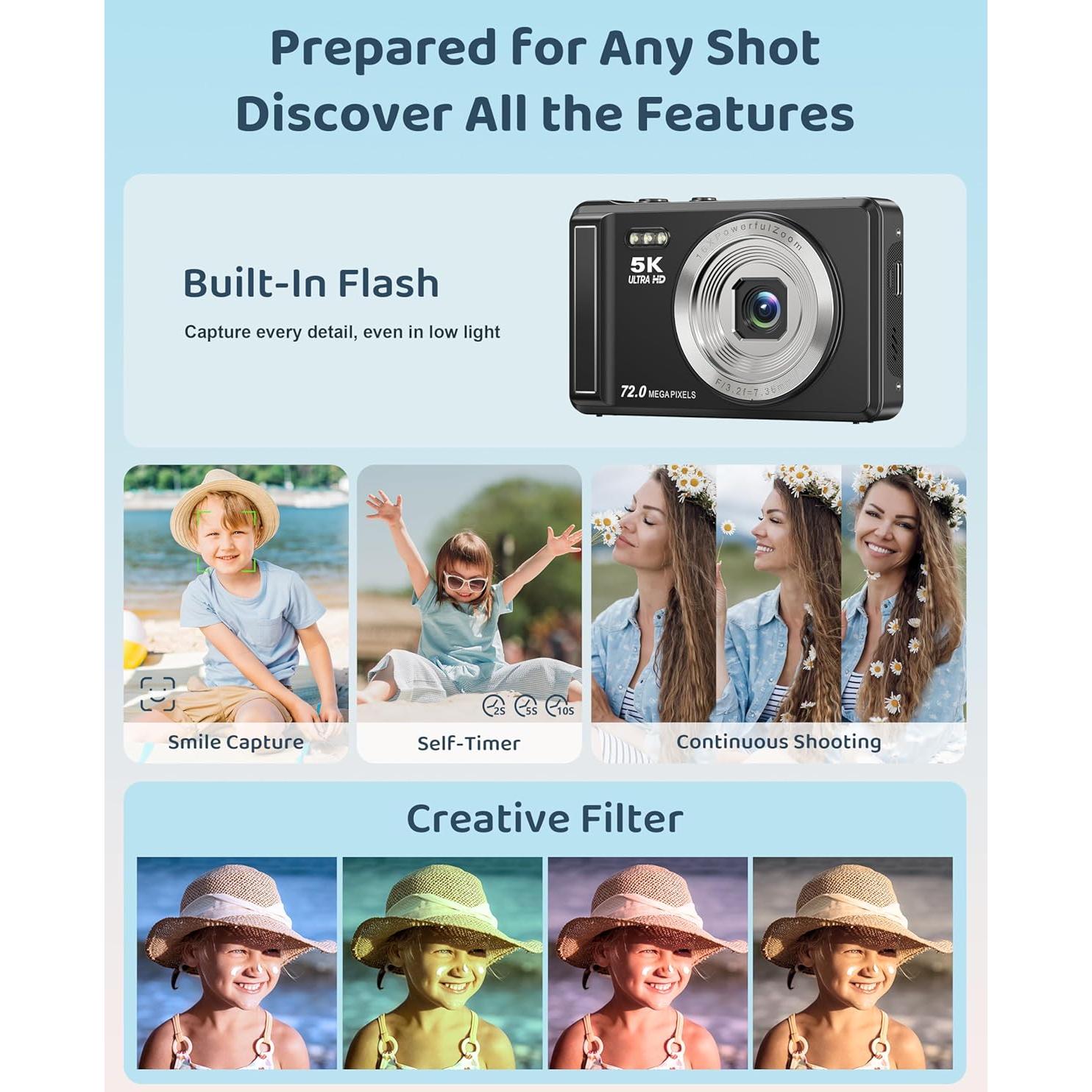 Cámara Digital 5K Ruwaqart DC068BK 72MP Compacta con Flash