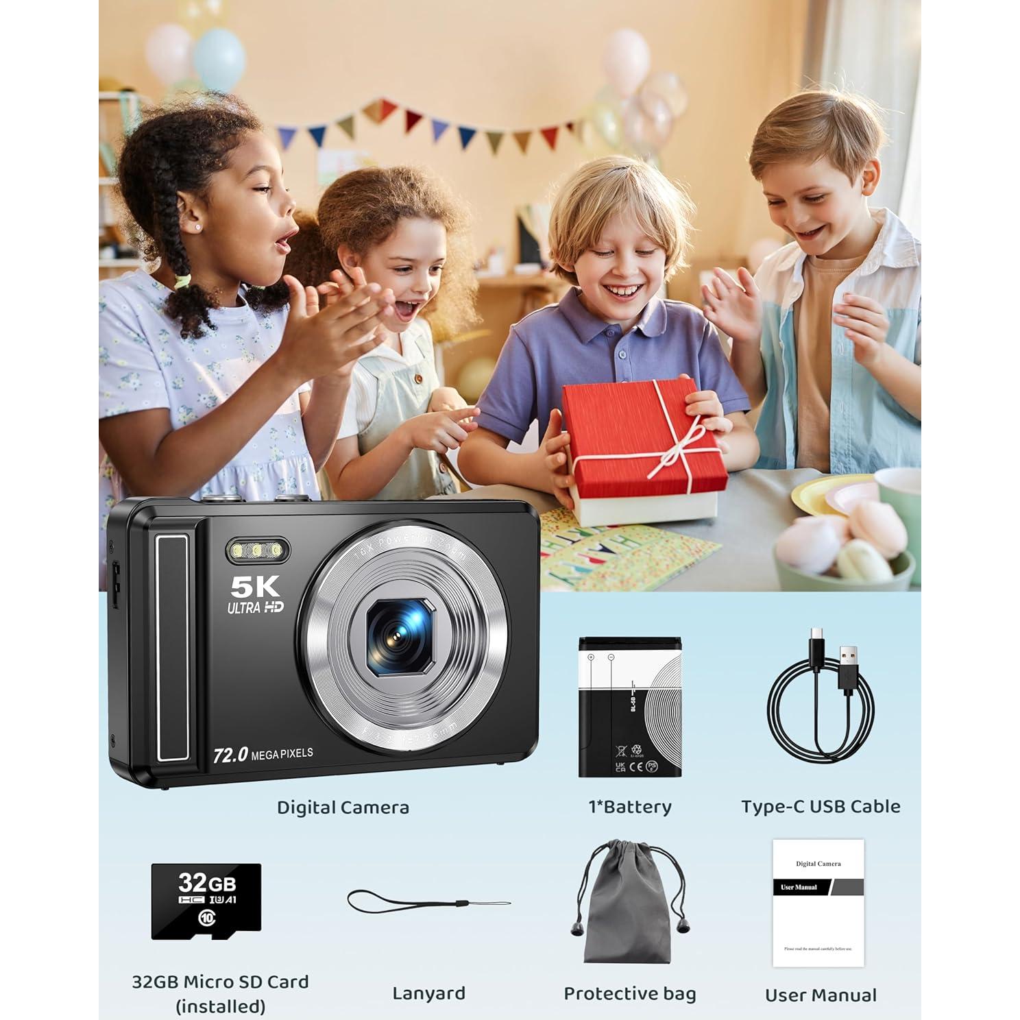 Cámara Digital 5K Ruwaqart DC068BK 72MP Compacta con Flash